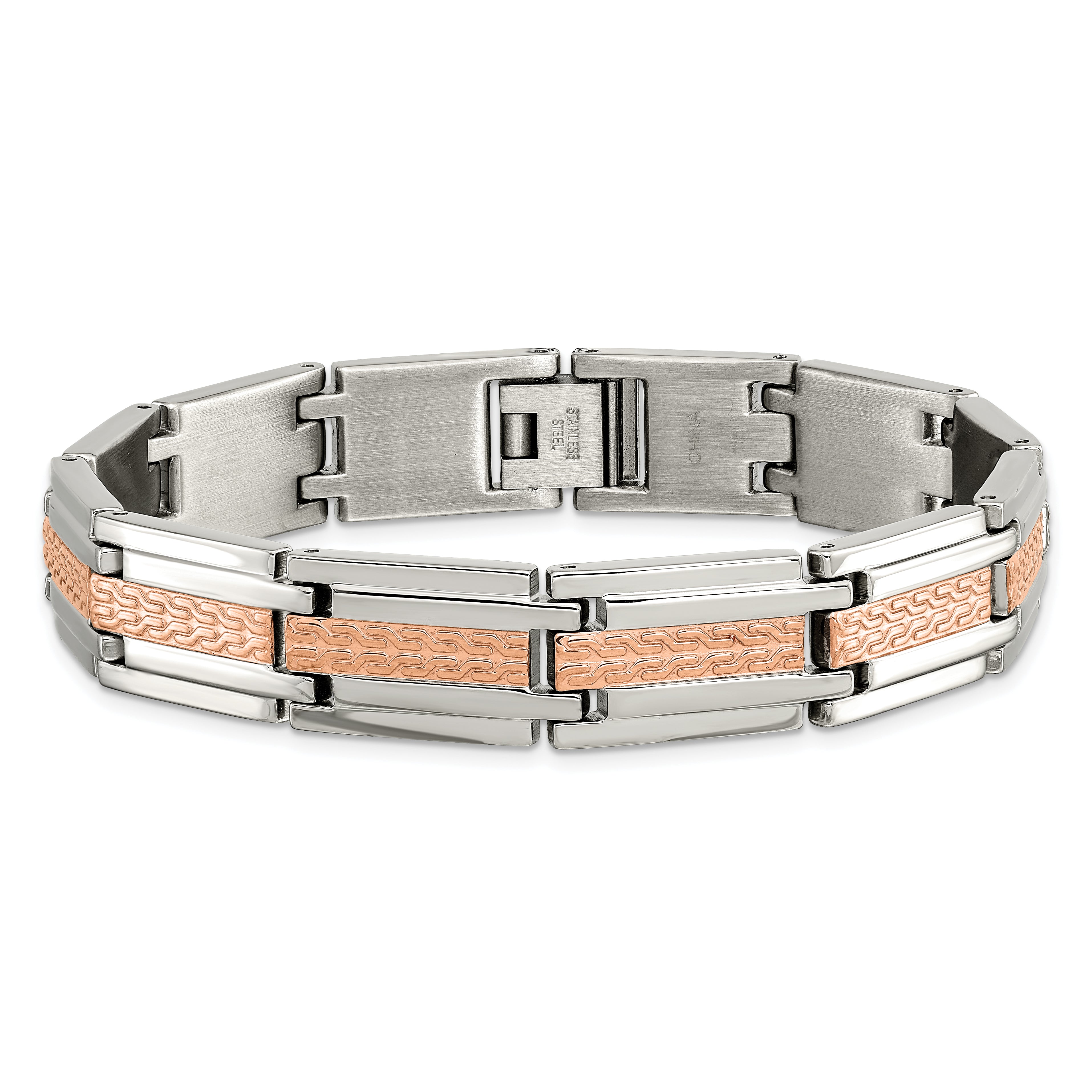 Chisel Stainless Steel Polished and Textured Rose IP-plated 8.5 inch Link Bracelet