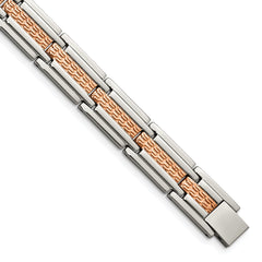 Chisel Stainless Steel Polished and Textured Rose IP-plated 8.5 inch Link Bracelet