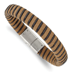 Stainless Steel Brushed Light Brown Suede Black Leather 8.5in Bracelet