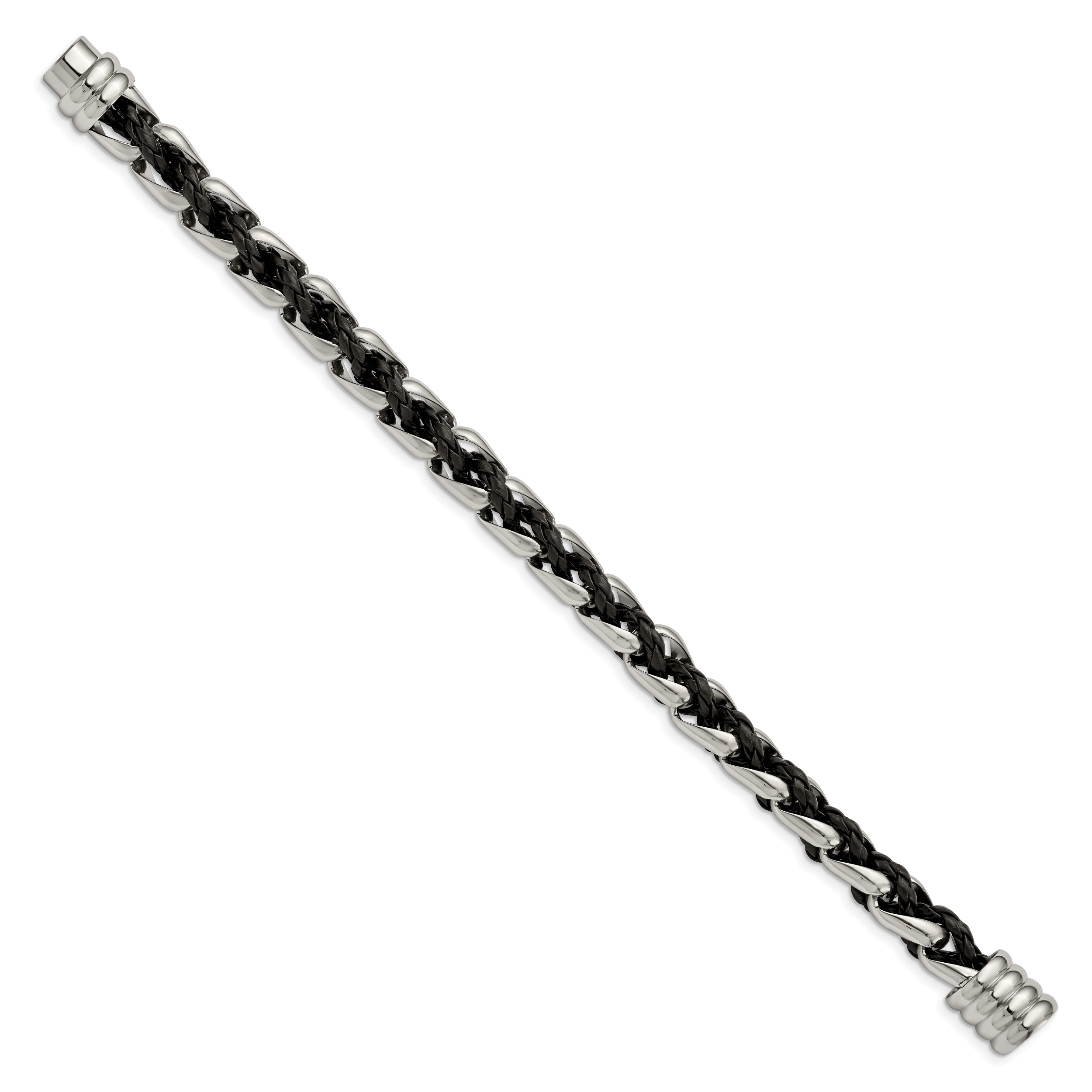 Chisel Stainless Steel Polished Braided Black Leather 8.5 inch Bracelet