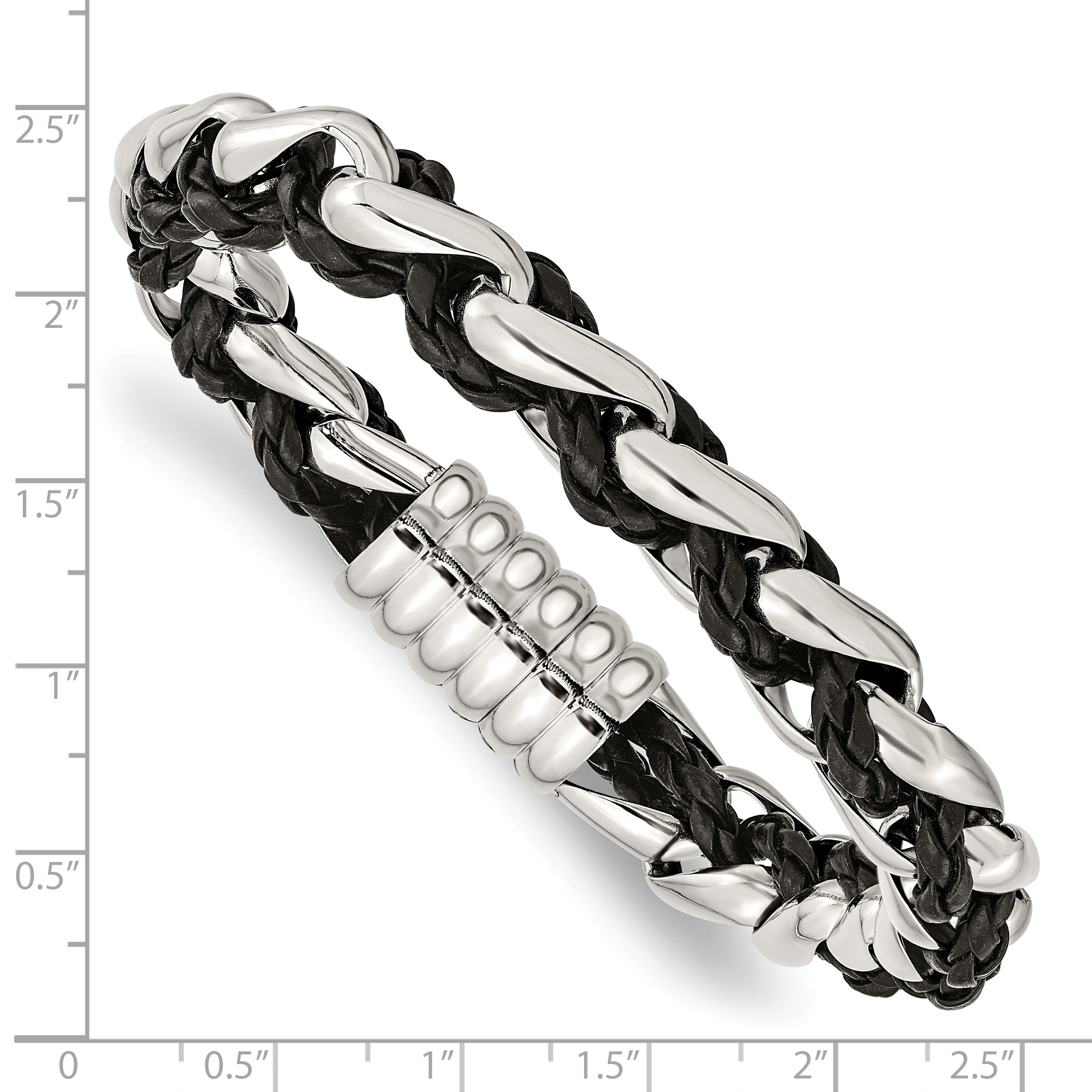 Chisel Stainless Steel Polished Braided Black Leather 8.5 inch Bracelet