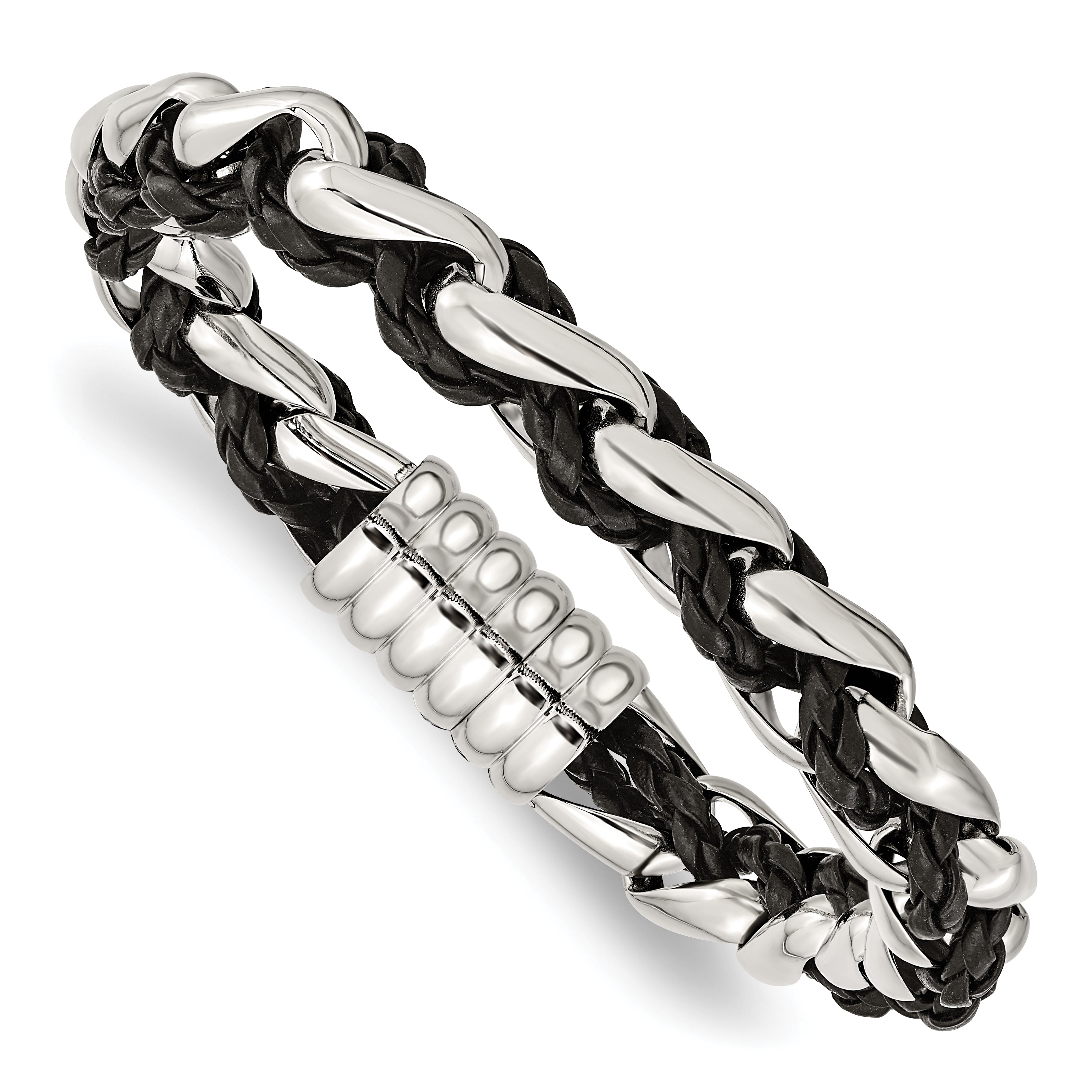 Chisel Stainless Steel Polished Braided Black Leather 8.5 inch Bracelet