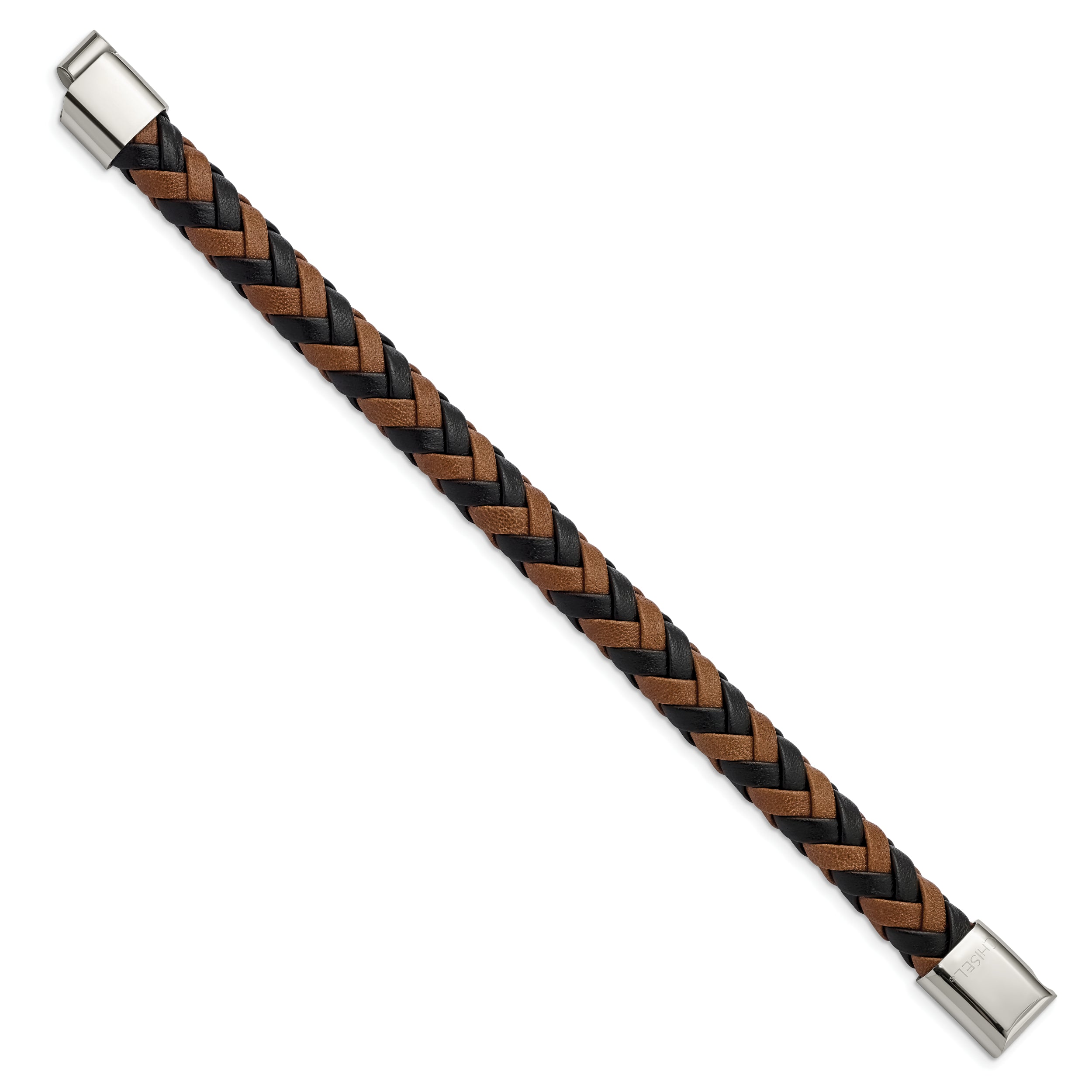 Chisel Stainless Steel Polished Black and Brown Braided Leather 8.5 inch Bracelet