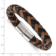 Chisel Stainless Steel Polished Black and Brown Braided Leather 8.5 inch Bracelet