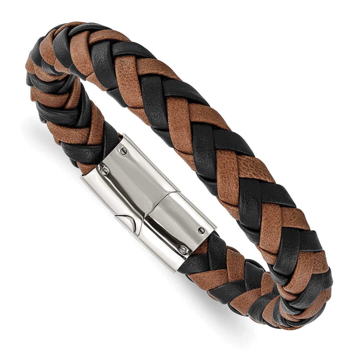 Chisel Stainless Steel Polished Black and Brown Braided Leather 8.5 inch Bracelet