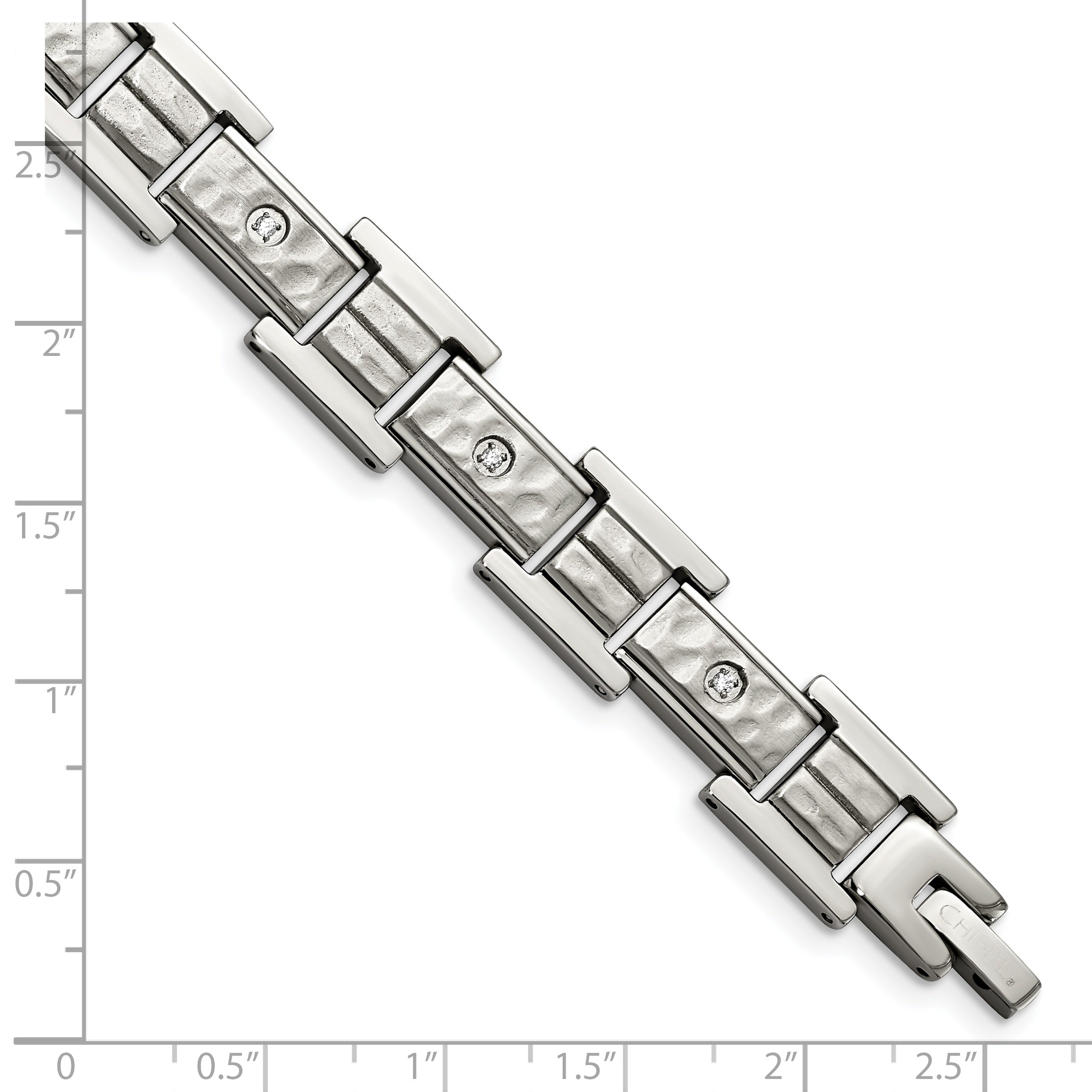 Chisel Stainless Steel Brushed Polished and Hammered with CZ 8.5 inch Bracelet