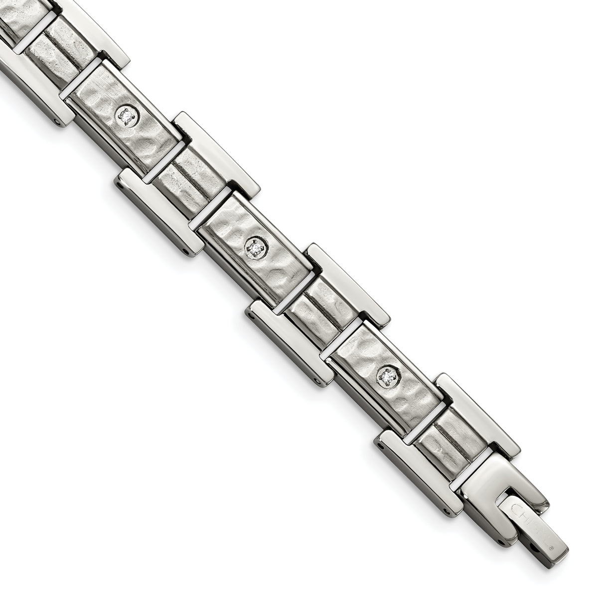 Chisel Stainless Steel Brushed Polished and Hammered with CZ 8.5 inch Bracelet