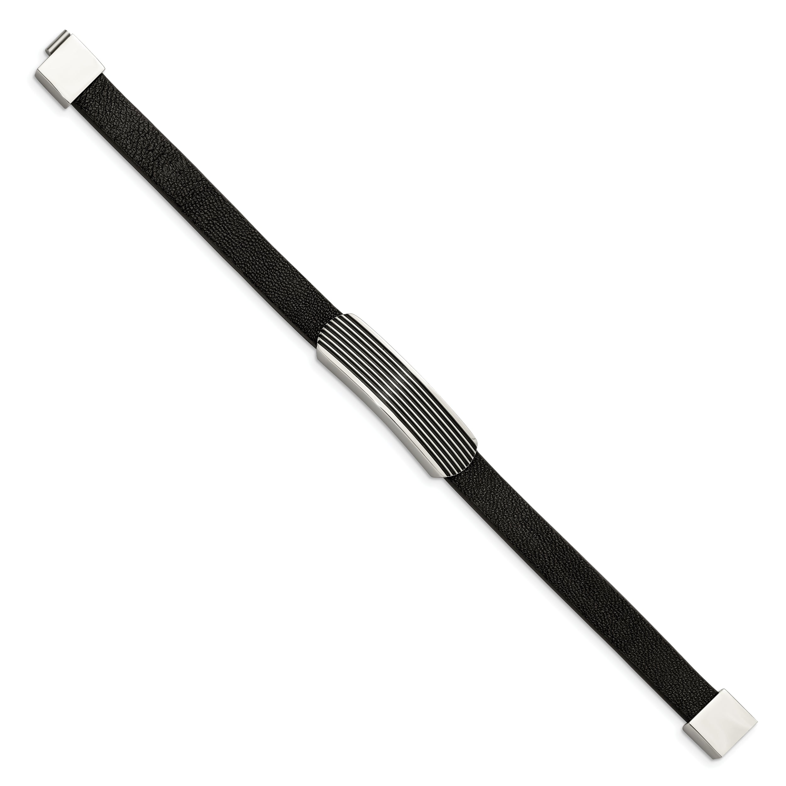 Chisel Stainless Steel Polished Enameled Striped Black Leather 8.5 inch Bracelet