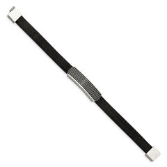 Chisel Stainless Steel Polished Enameled Striped Black Leather 8.5 inch Bracelet