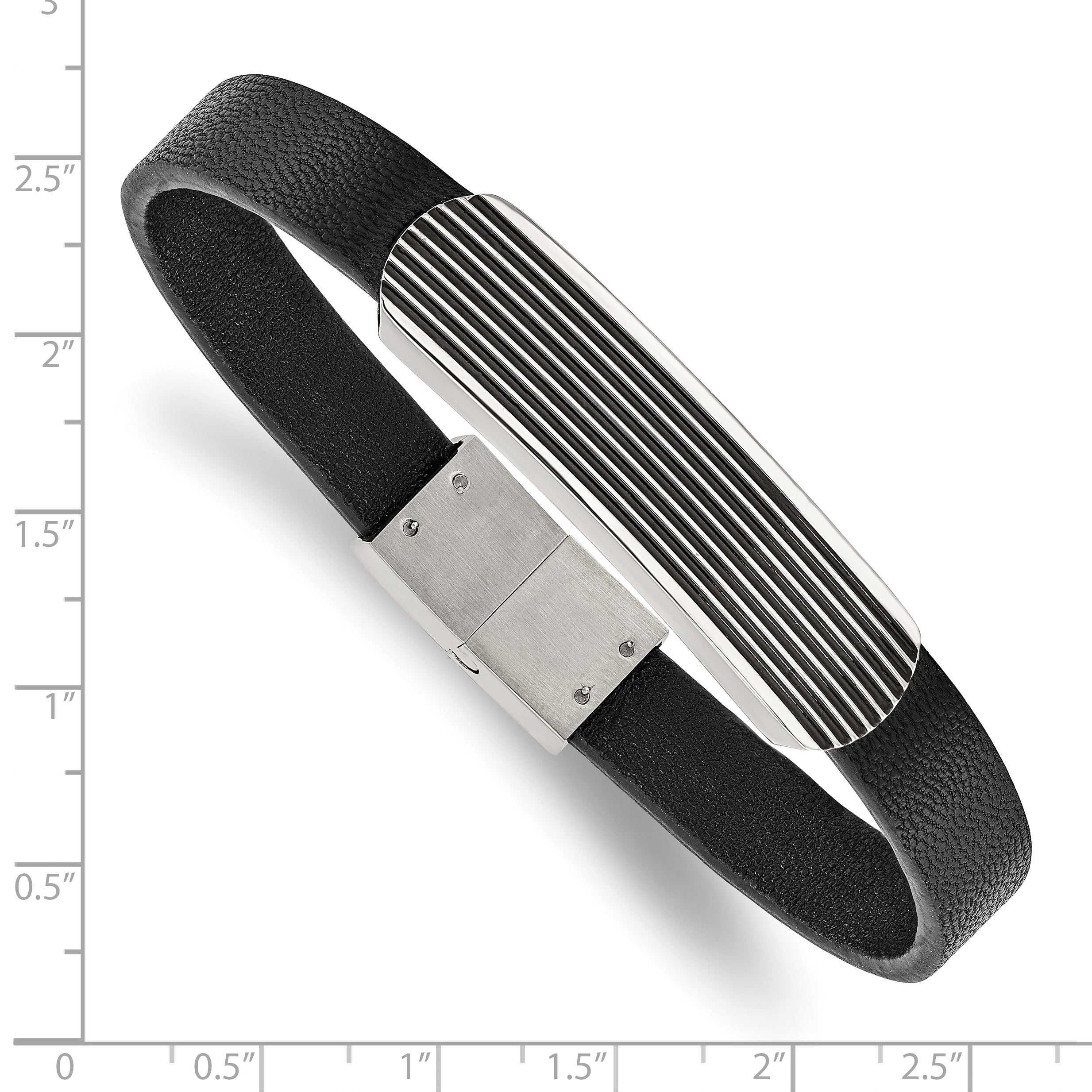 Chisel Stainless Steel Polished Enameled Striped Black Leather 8.5 inch Bracelet