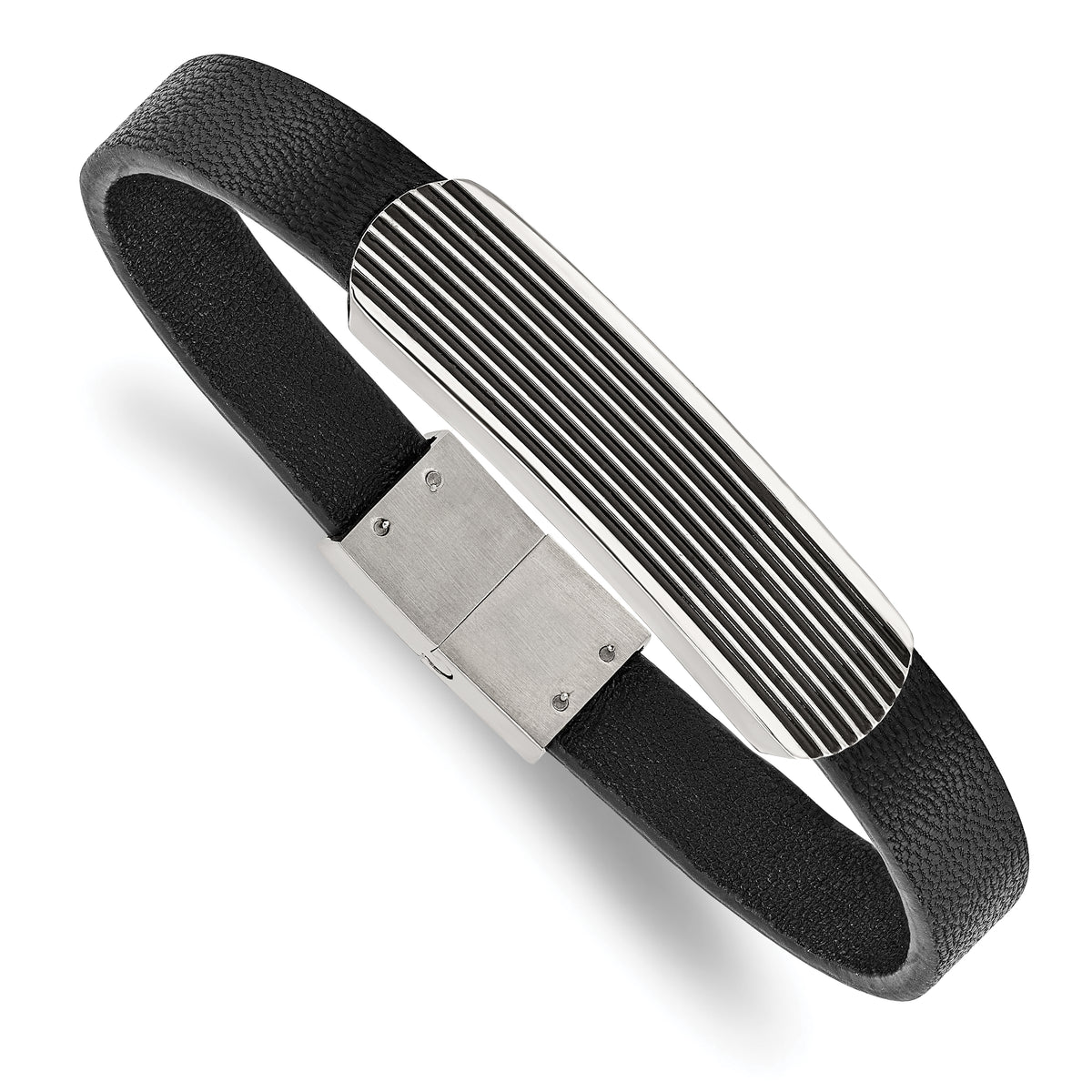 Chisel Stainless Steel Polished Enameled Striped Black Leather 8.5 inch Bracelet