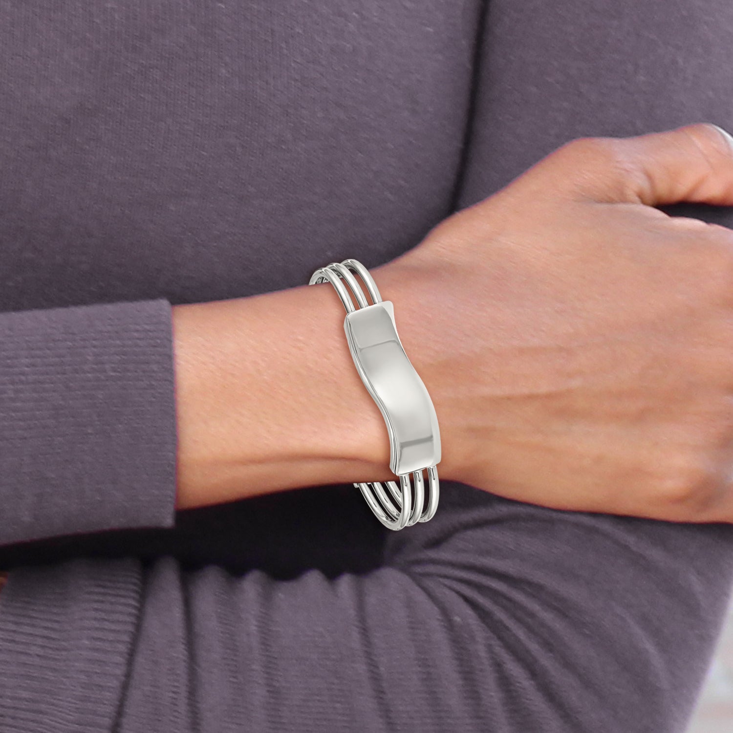 Stainless Steel Polished Waved ID Cuff Bangle