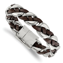 Chisel Stainless Steel Polished Brown Braided Leather 8.5 inch Bracelet