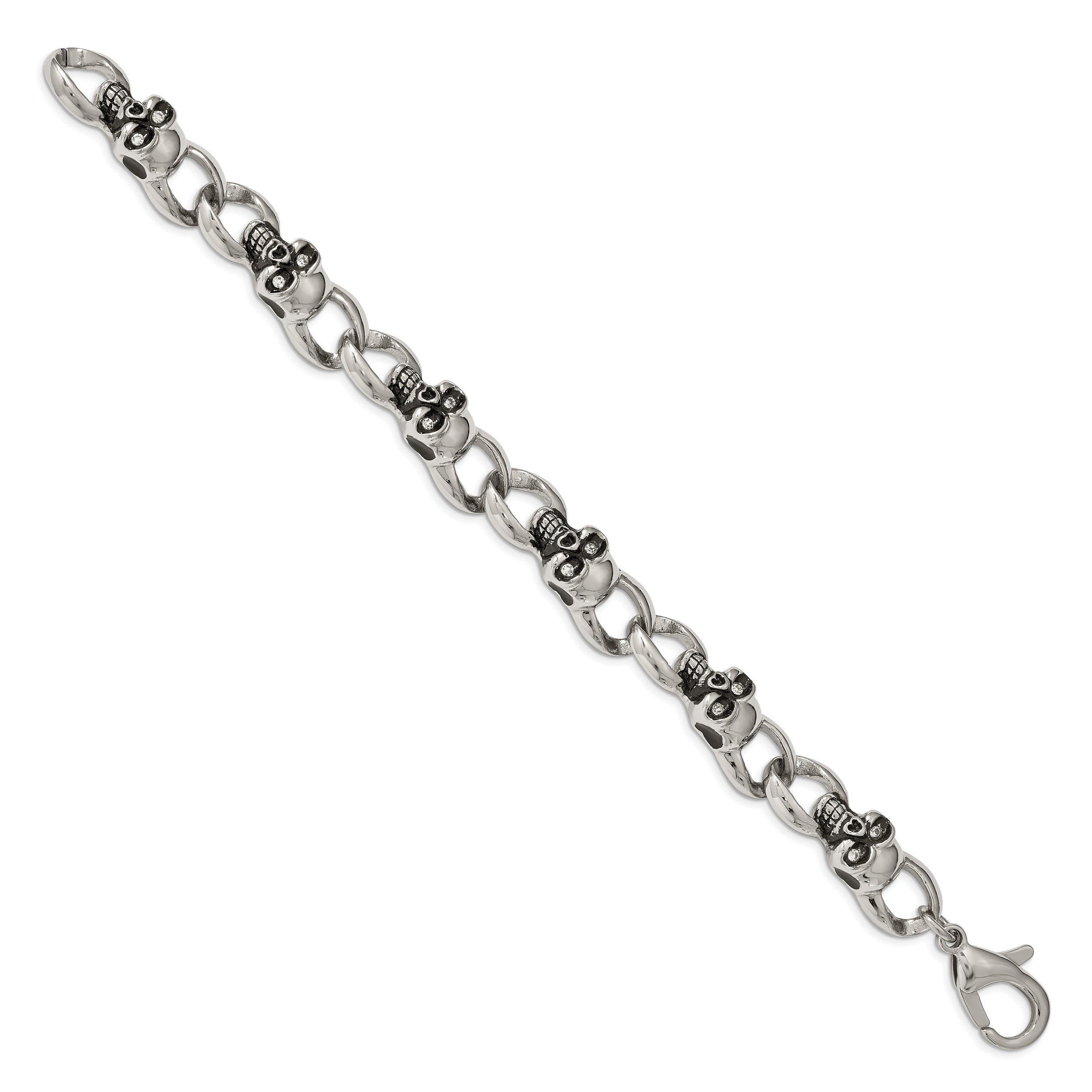 Chisel Stainless Steel Antiqued and Polished with CZ Skull Link 9 inch Bracelet