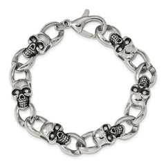 Chisel Stainless Steel Antiqued and Polished with CZ Skull Link 9 inch Bracelet