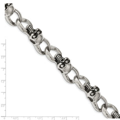 Chisel Stainless Steel Antiqued and Polished with CZ Skull Link 9 inch Bracelet