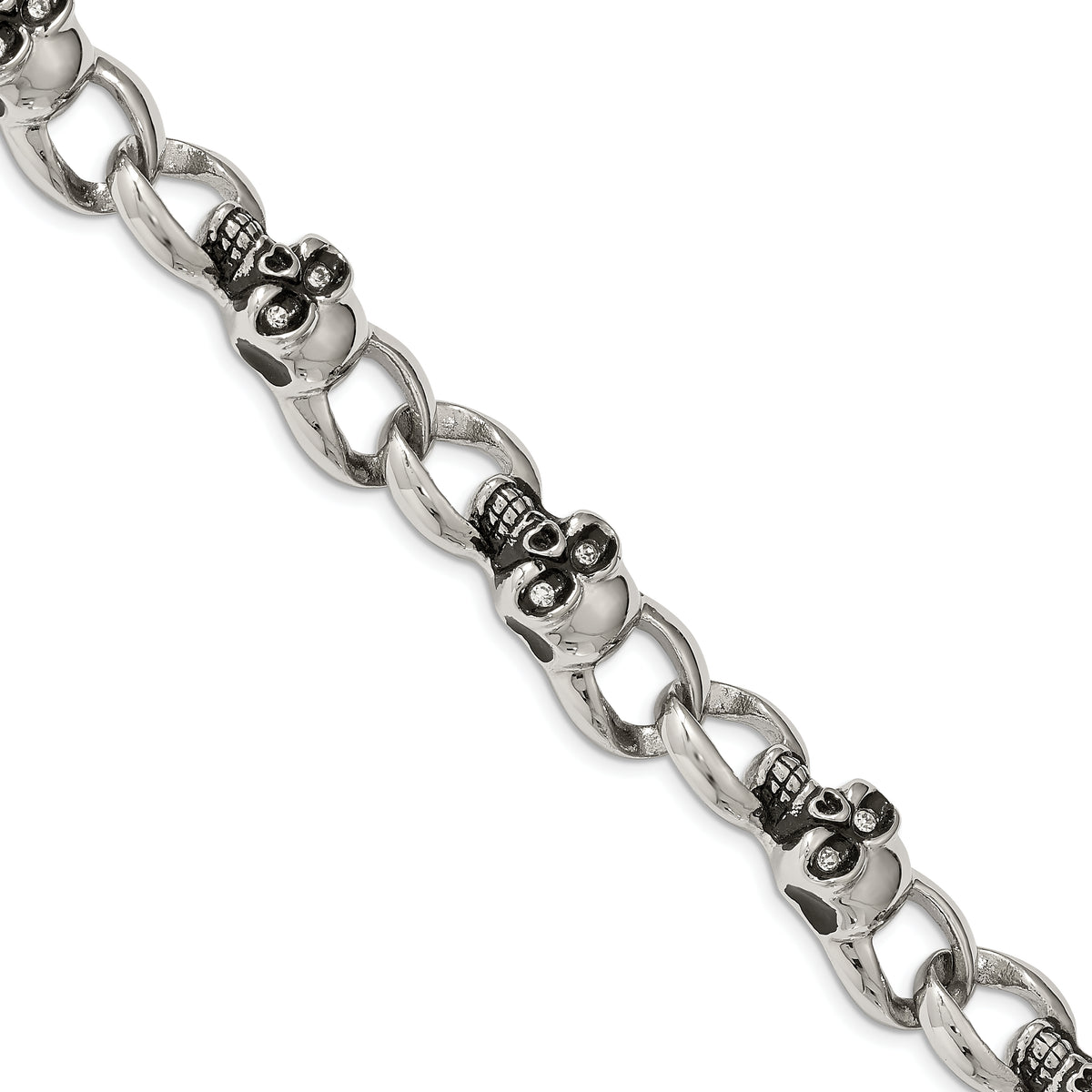 Chisel Stainless Steel Antiqued and Polished with CZ Skull Link 9 inch Bracelet