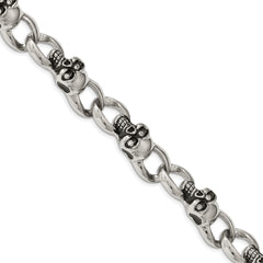 Chisel Stainless Steel Antiqued and Polished with CZ Skull Link 9 inch Bracelet