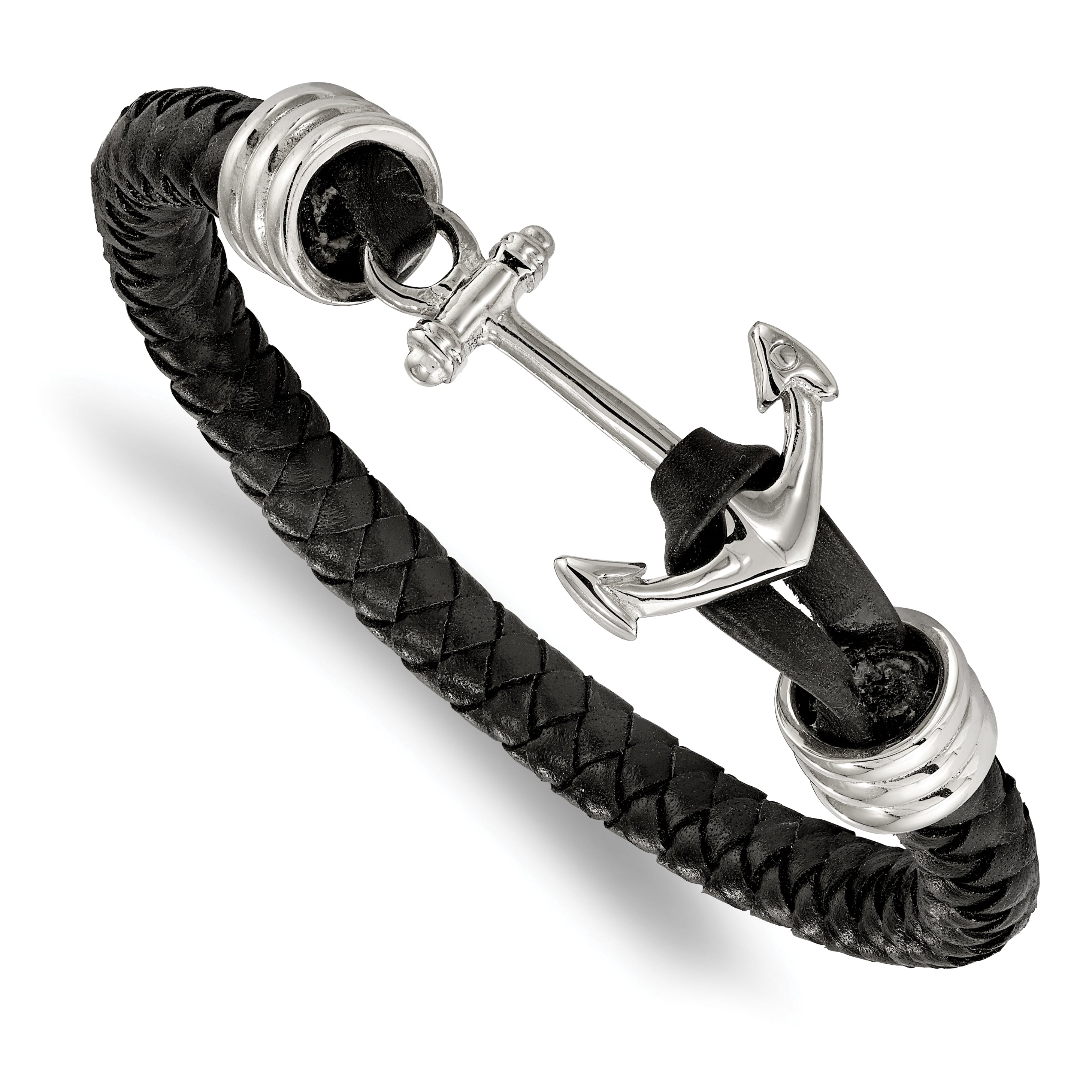 Chisel Stainless Steel Polished Anchor Black Braided Leather 8.5 inch Bracelet