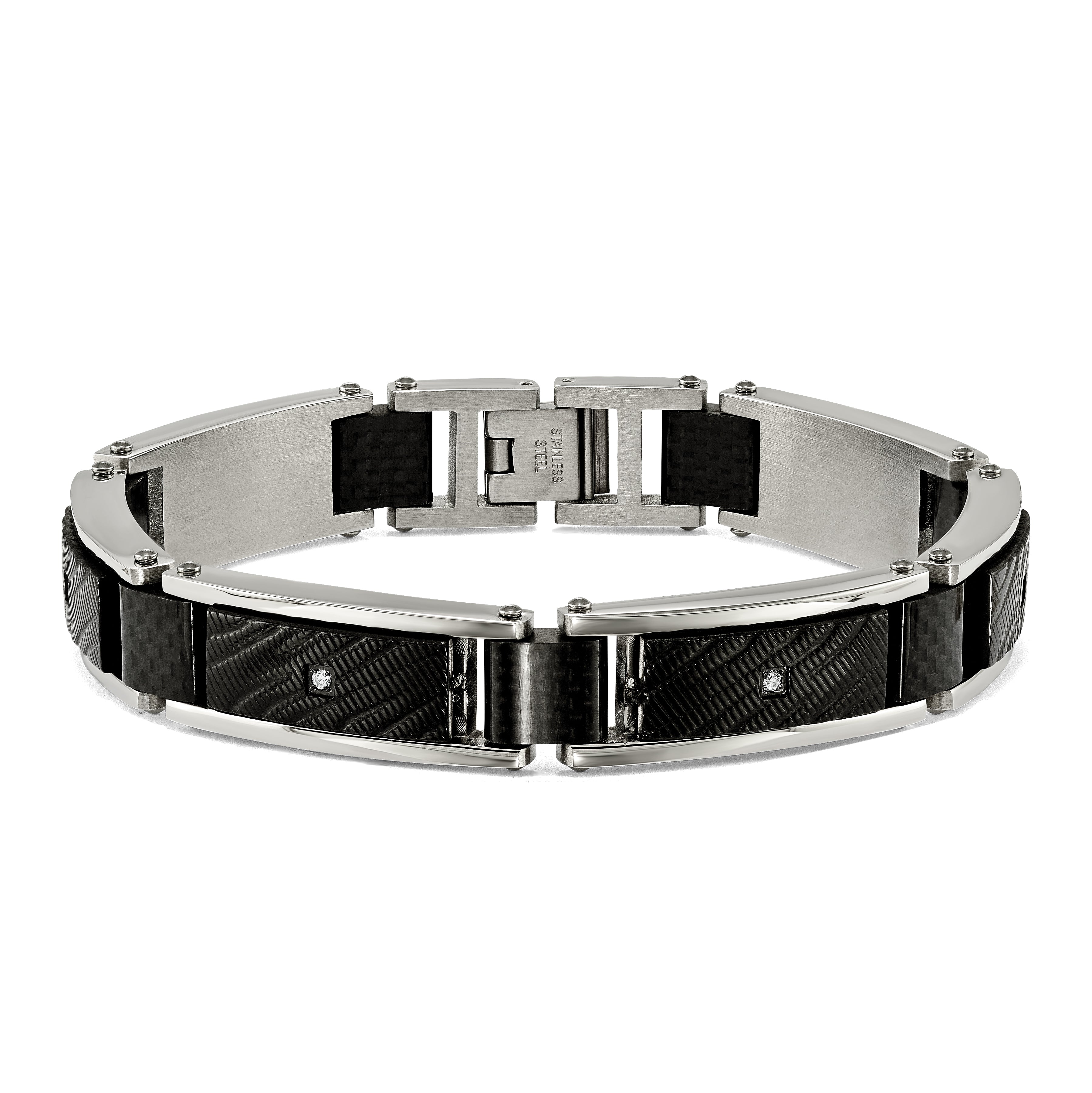 Chisel Stainless Steel Polished and Textured Black IP-plated with CZ and Black Carbon Fiber Inlay 8.75 inch Link Bracelet