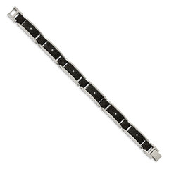 Chisel Stainless Steel Polished and Textured Black IP-plated with CZ and Black Carbon Fiber Inlay 8.75 inch Link Bracelet