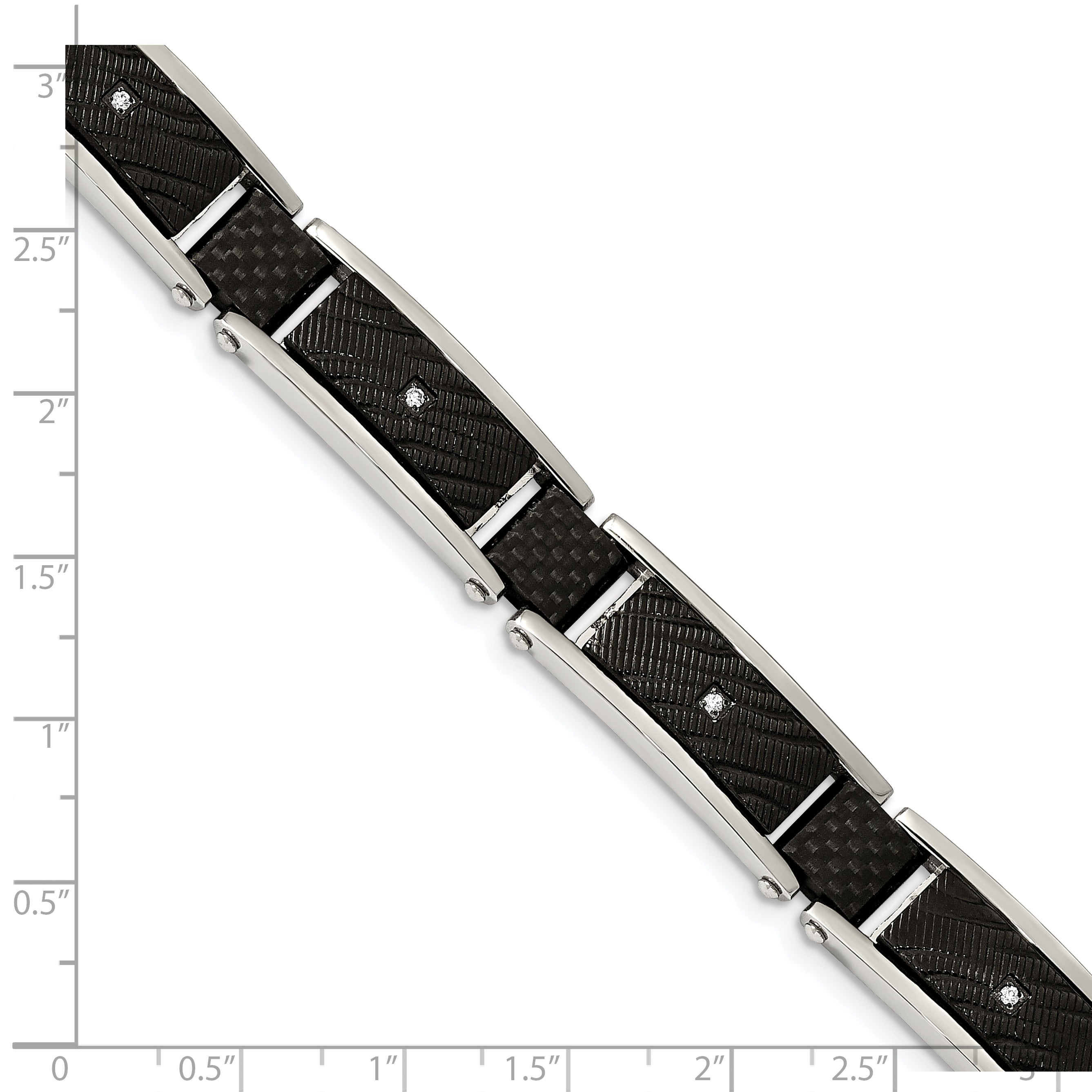 Chisel Stainless Steel Polished and Textured Black IP-plated with CZ and Black Carbon Fiber Inlay 8.75 inch Link Bracelet