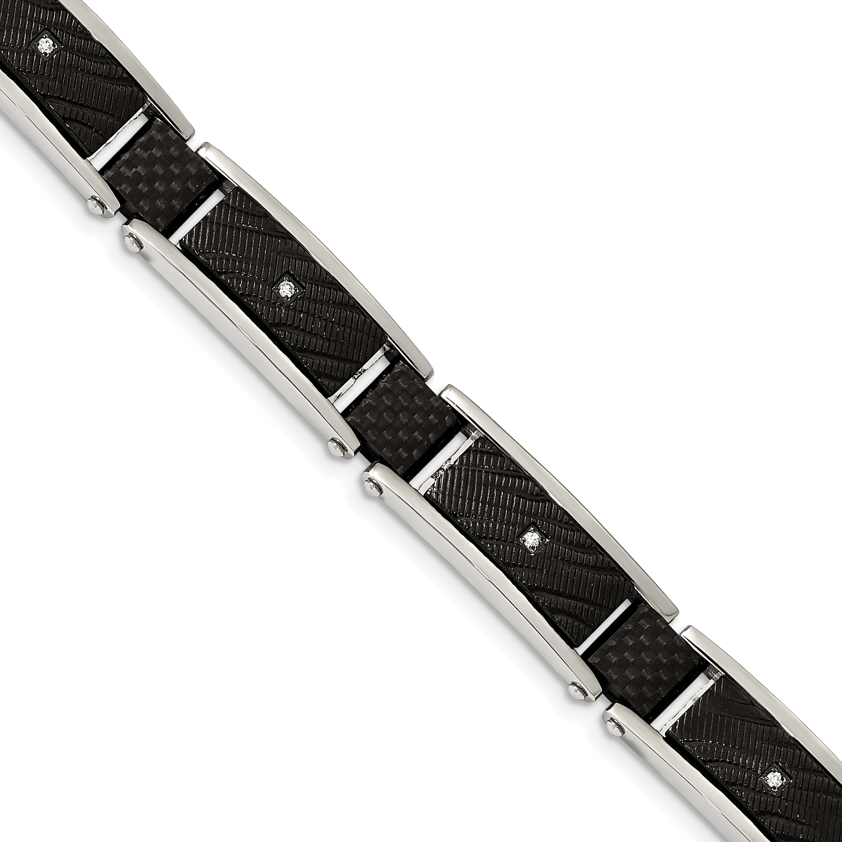 Chisel Stainless Steel Polished and Textured Black IP-plated with CZ and Black Carbon Fiber Inlay 8.75 inch Link Bracelet