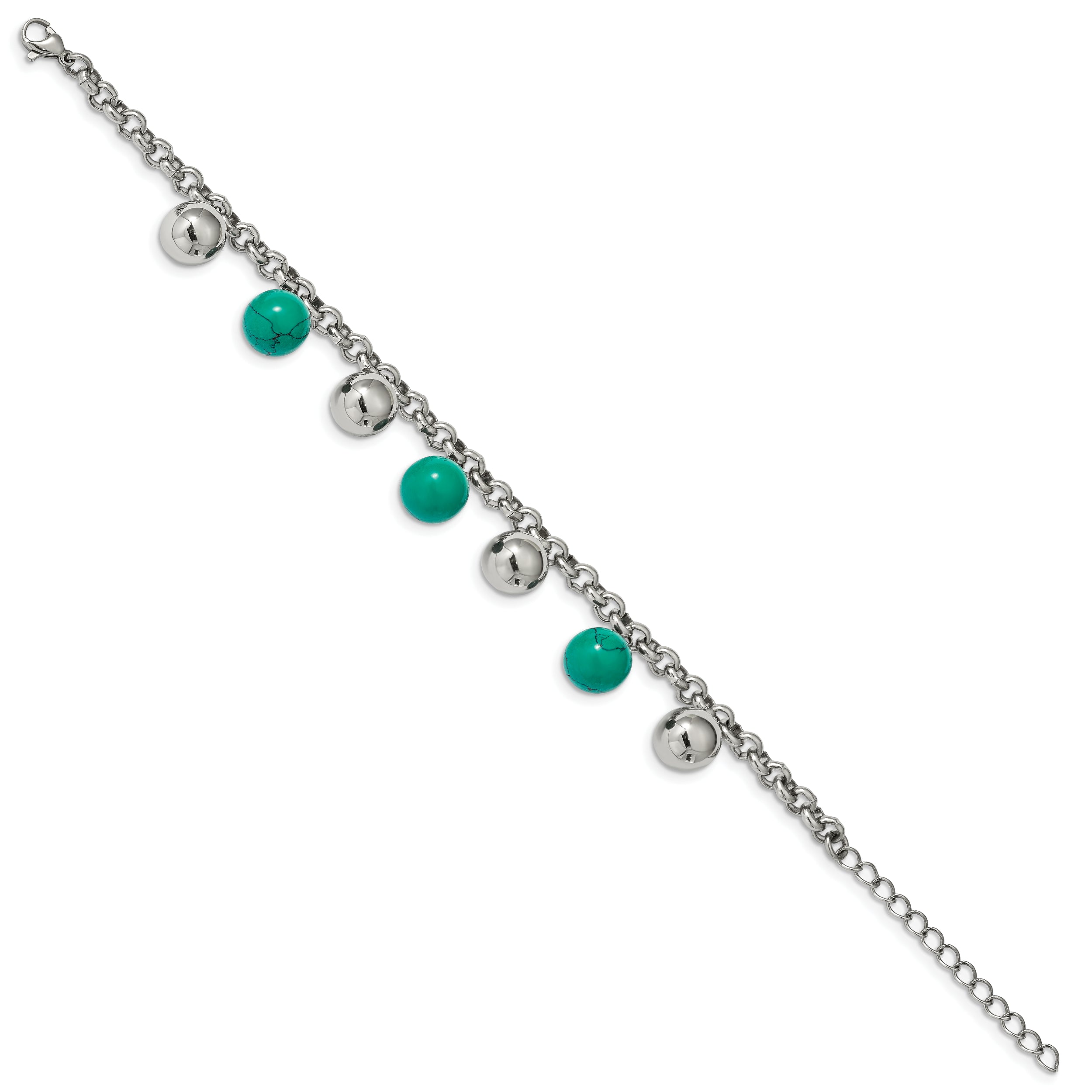 Stainless Steel Polished w/Imit.Turquoise Beads w/2in ext. 7in Bracelet