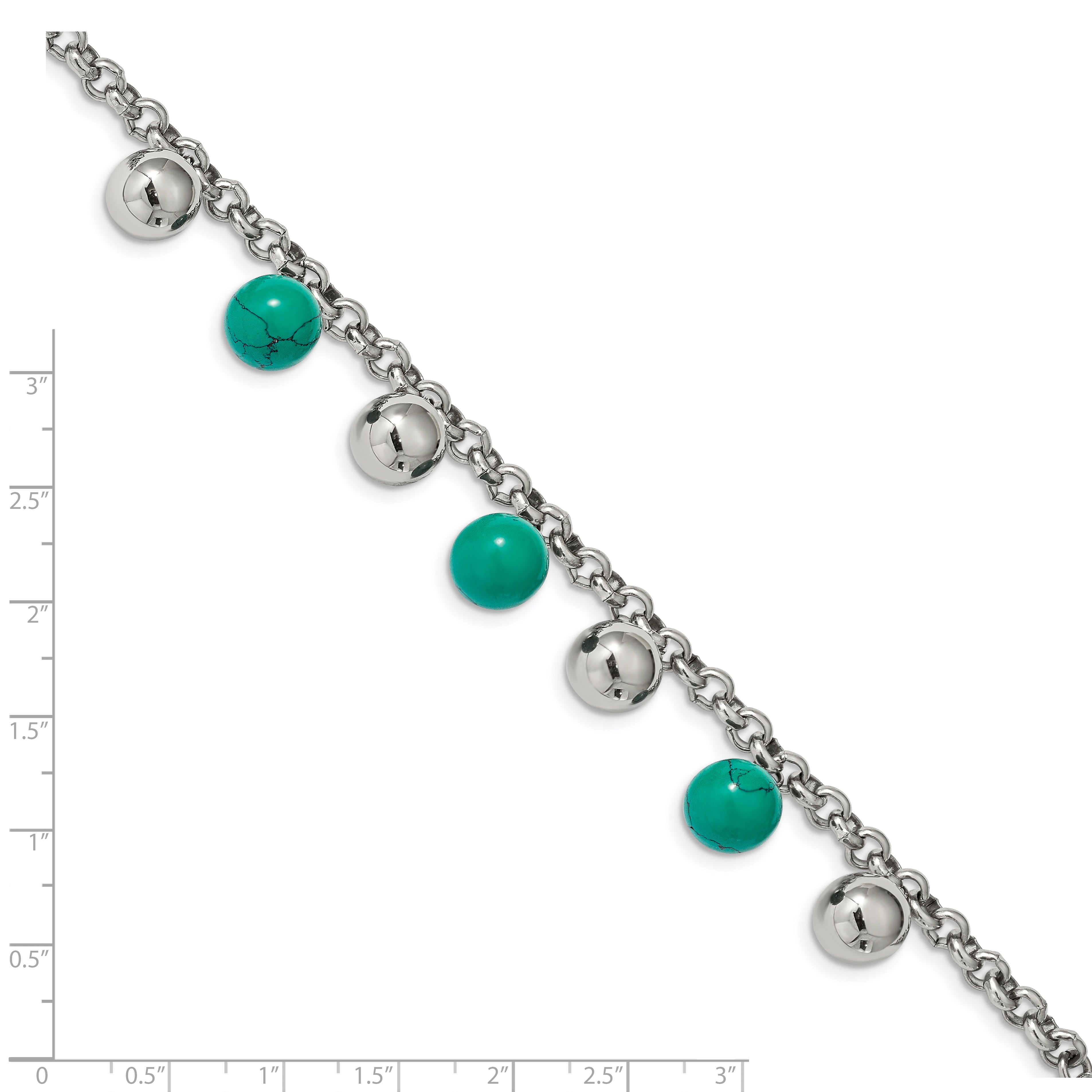 Stainless Steel Polished w/Imit.Turquoise Beads w/2in ext. 7in Bracelet