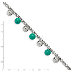 Stainless Steel Polished w/Imit.Turquoise Beads w/2in ext. 7in Bracelet