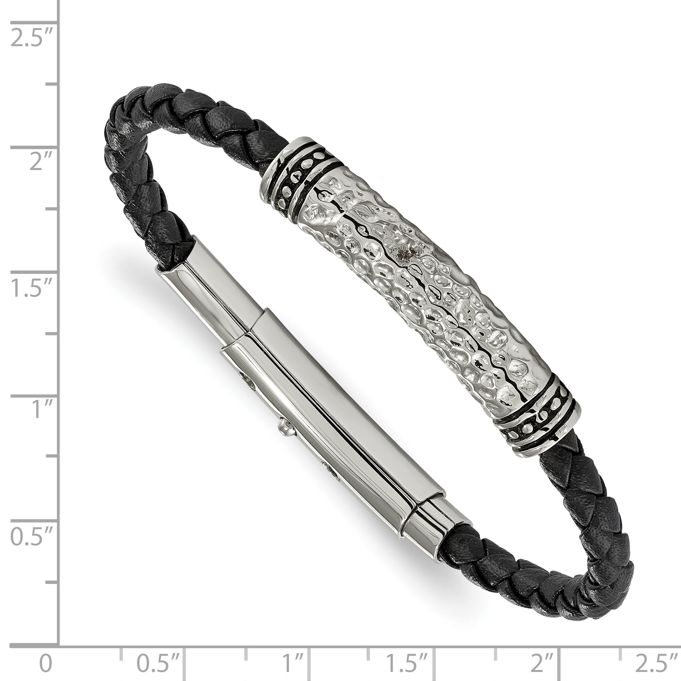 Chisel Stainless Steel Antiqued Polished and Hammered Black Braided Leather Adjustable 7.5 to 8 inch Bracelet