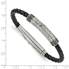 Chisel Stainless Steel Antiqued Polished and Hammered Black Braided Leather Adjustable 7.5 to 8 inch Bracelet