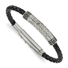 Chisel Stainless Steel Antiqued Polished and Hammered Black Braided Leather Adjustable 7.5 to 8 inch Bracelet