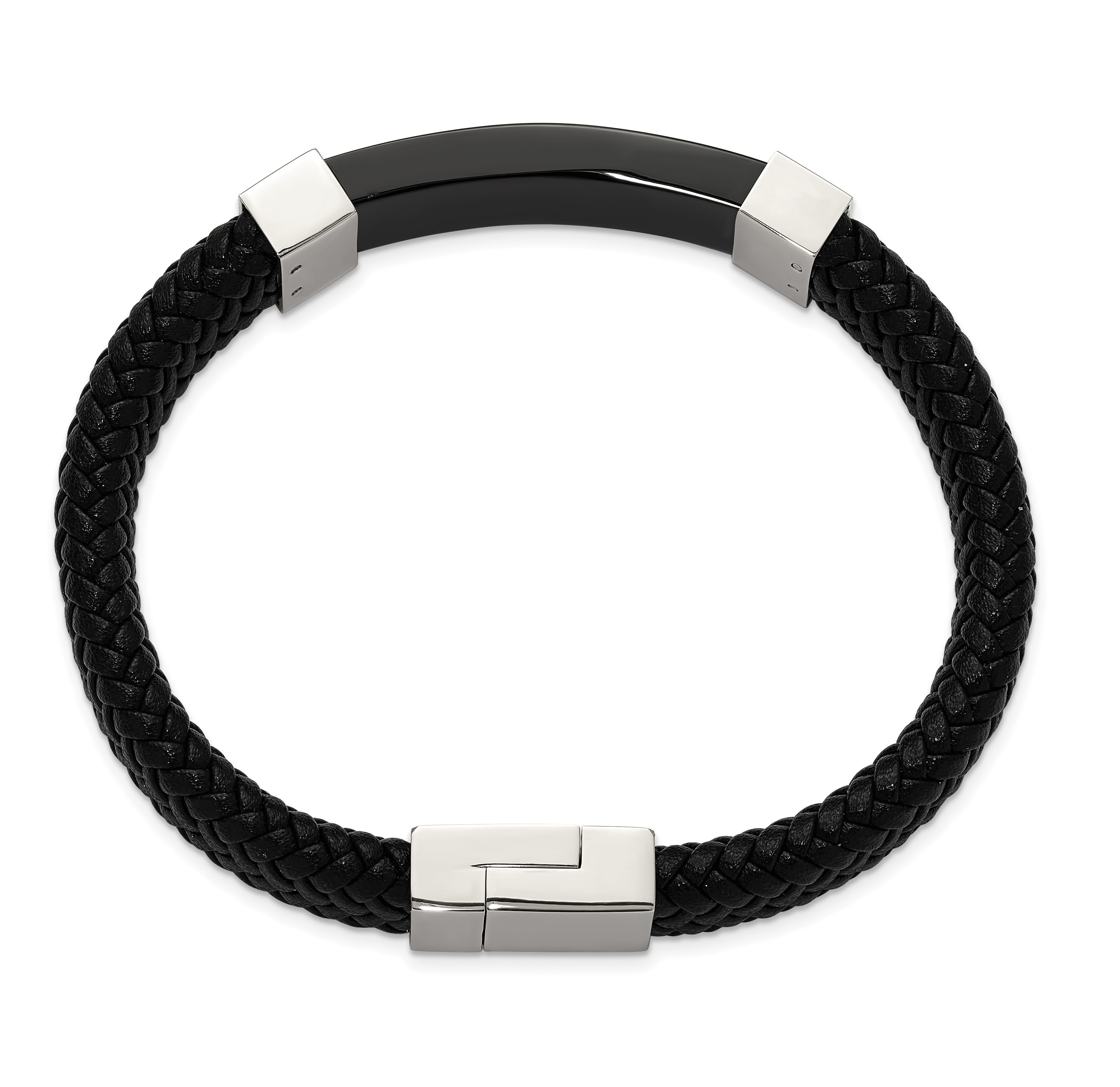 Chisel Stainless Steel Polished Black IP-plated Black Braided Leather 8.5 inch Bracelet