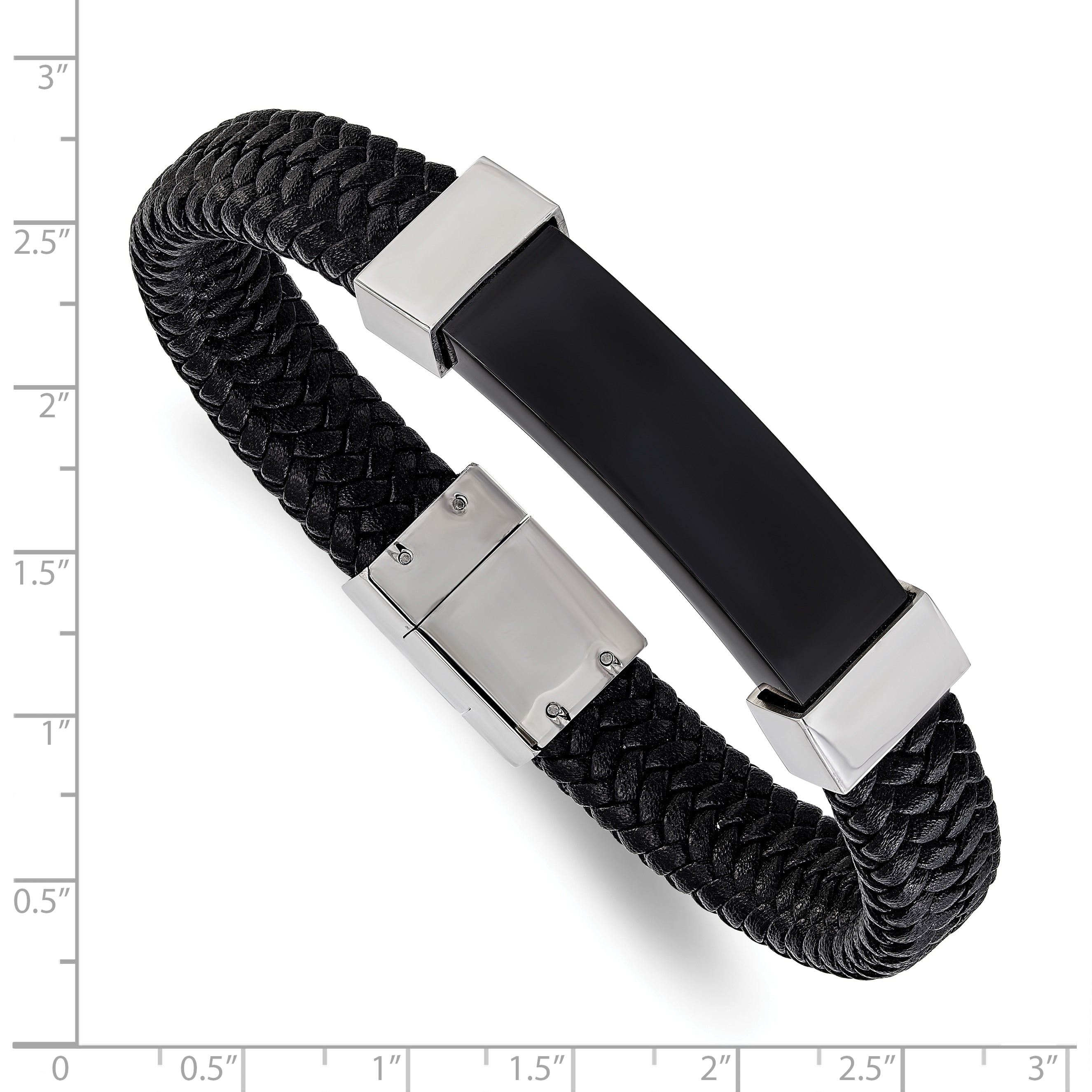 Chisel Stainless Steel Polished Black IP-plated Black Braided Leather 8.5 inch Bracelet