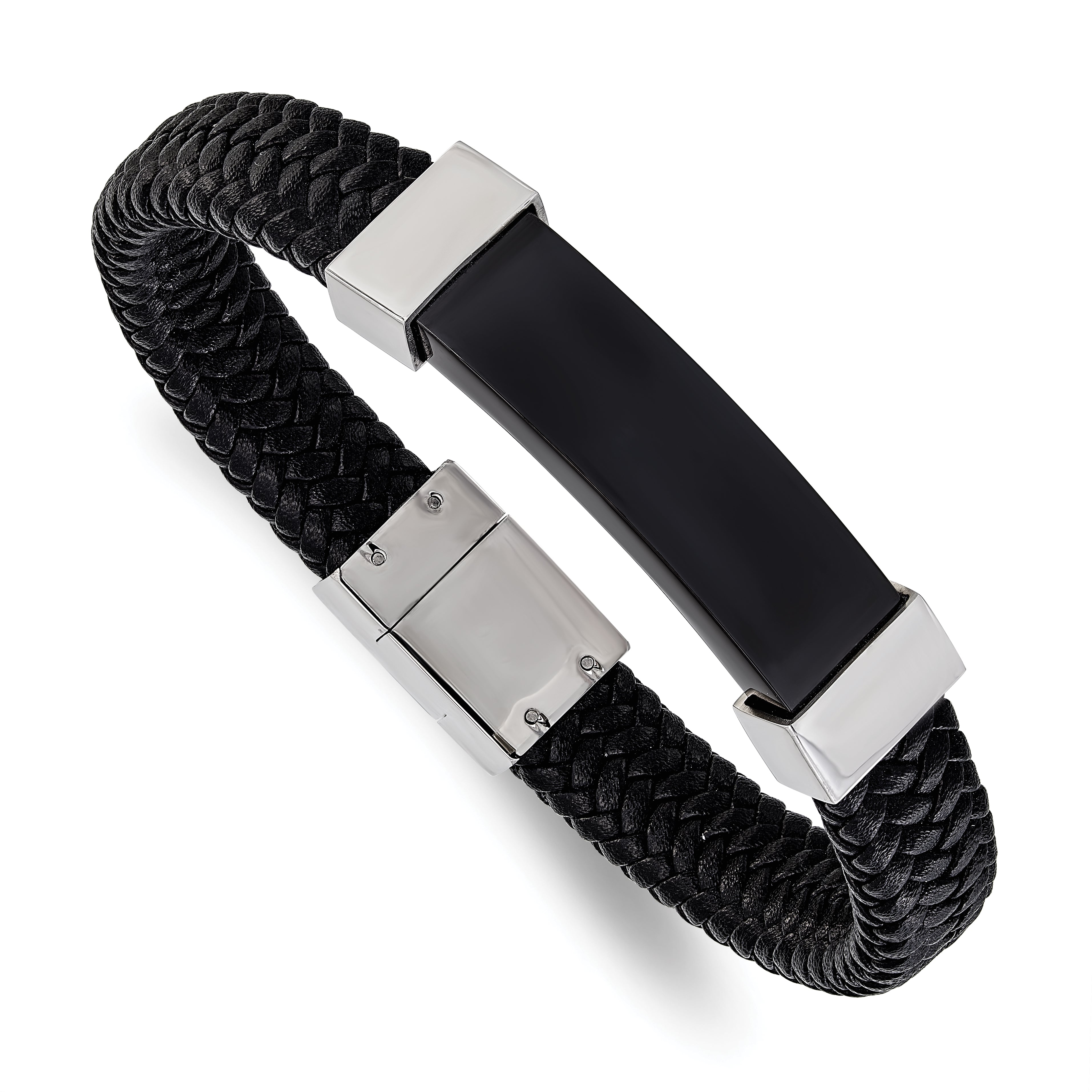 Chisel Stainless Steel Polished Black IP-plated Black Braided Leather 8.5 inch Bracelet