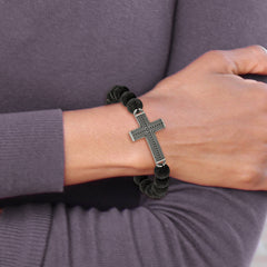 Chisel Stainless Steel Antiqued Gun Metal IP-plated Cross 10.5mm Lava Stone Beaded Stretch Bracelet