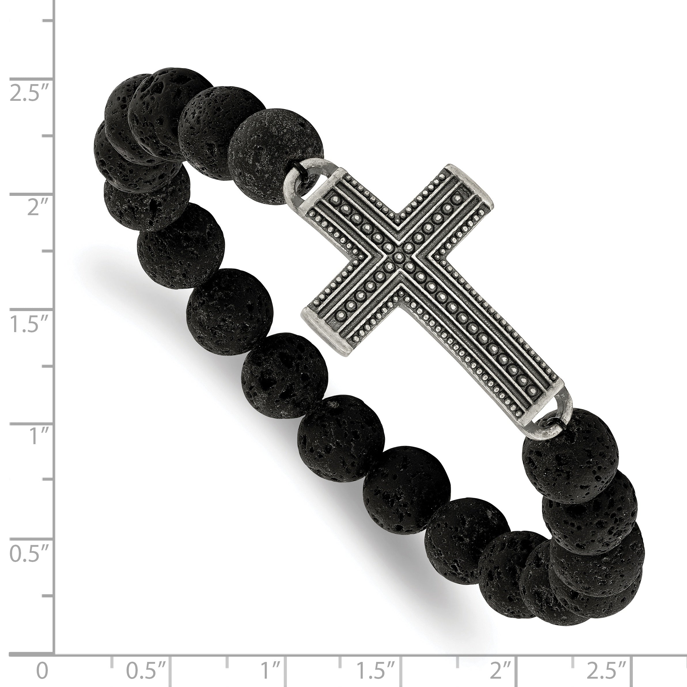 Chisel Stainless Steel Antiqued Gun Metal IP-plated Cross 10.5mm Lava Stone Beaded Stretch Bracelet