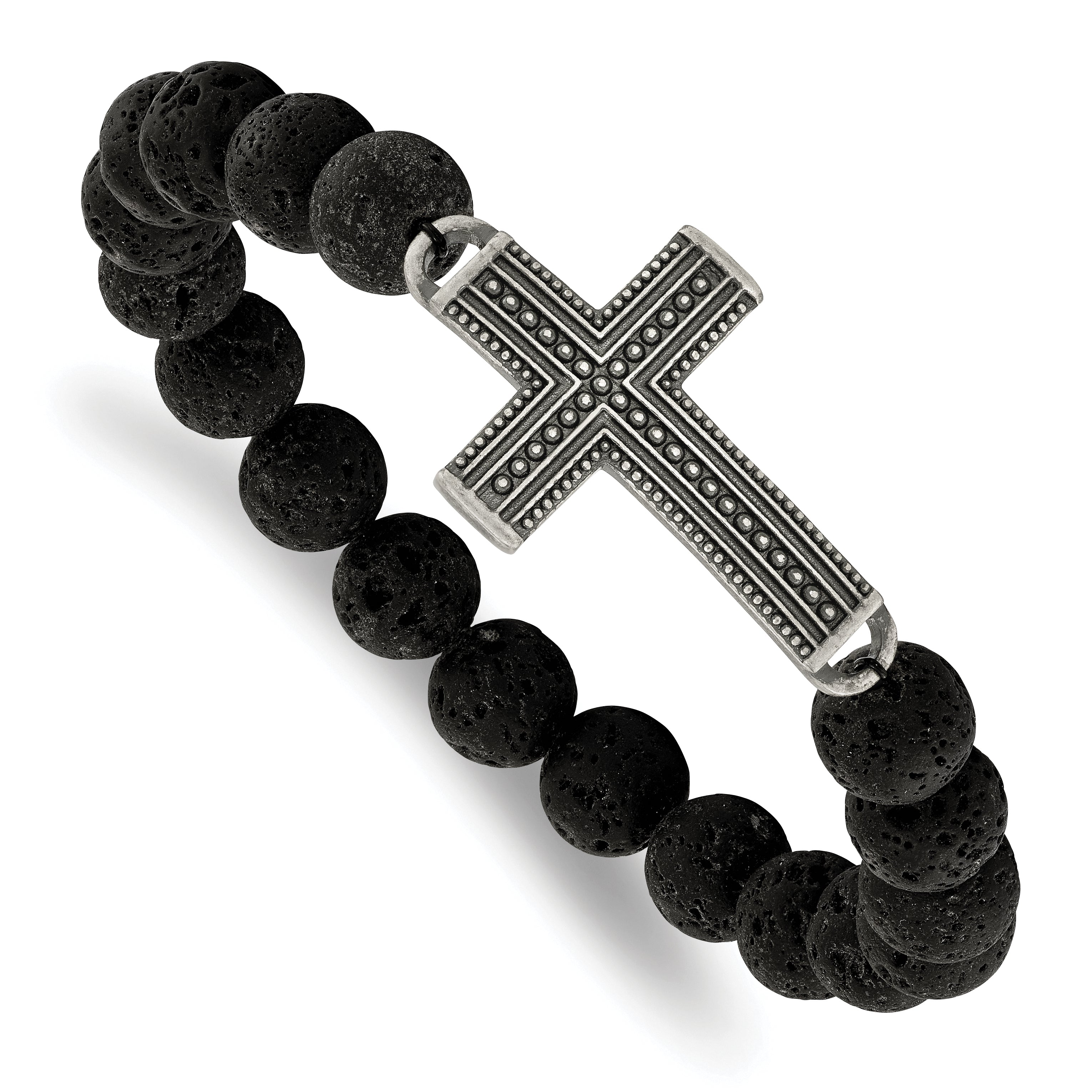 Chisel Stainless Steel Antiqued Gun Metal IP-plated Cross 10.5mm Lava Stone Beaded Stretch Bracelet