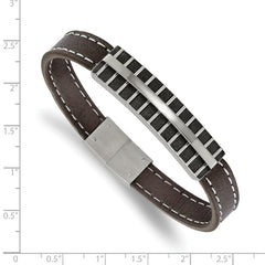 Stainless Steel Polished Black IP Lasercut Brown Leather 8.25in Bracelet