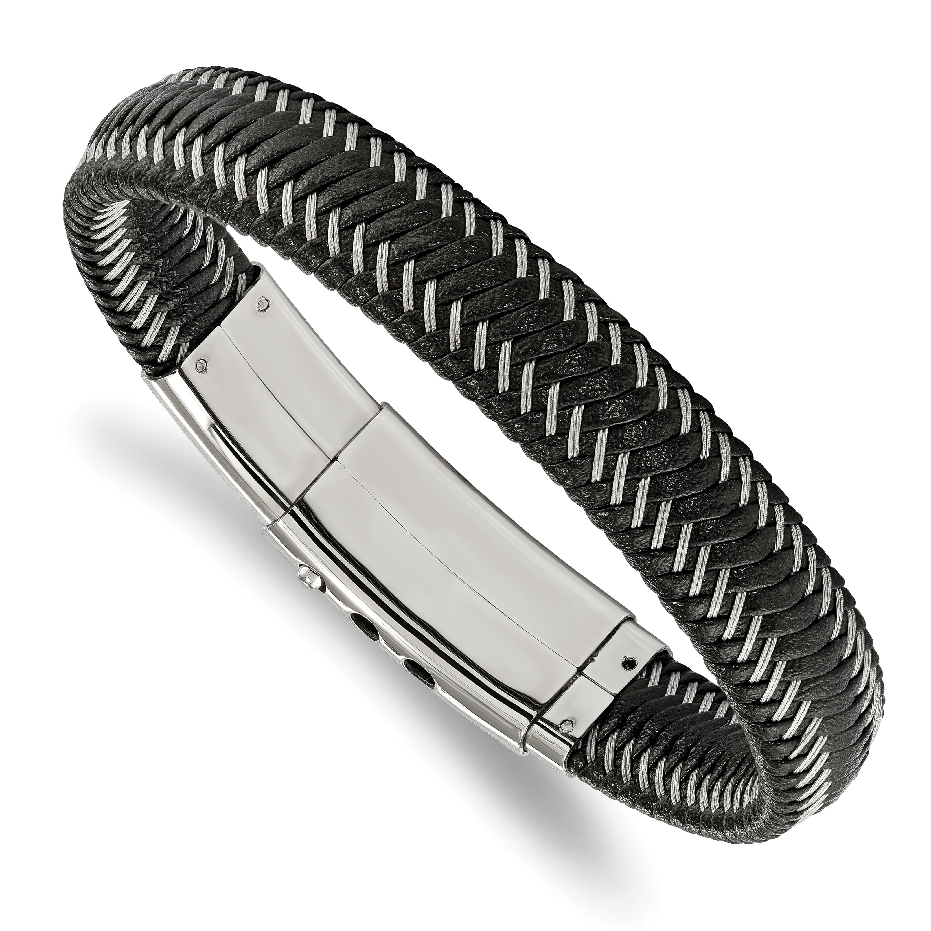 Chisel Stainless Steel Polished Braided Wire and Black Leather Adjustable 8 to 8.5 inch Bracelet