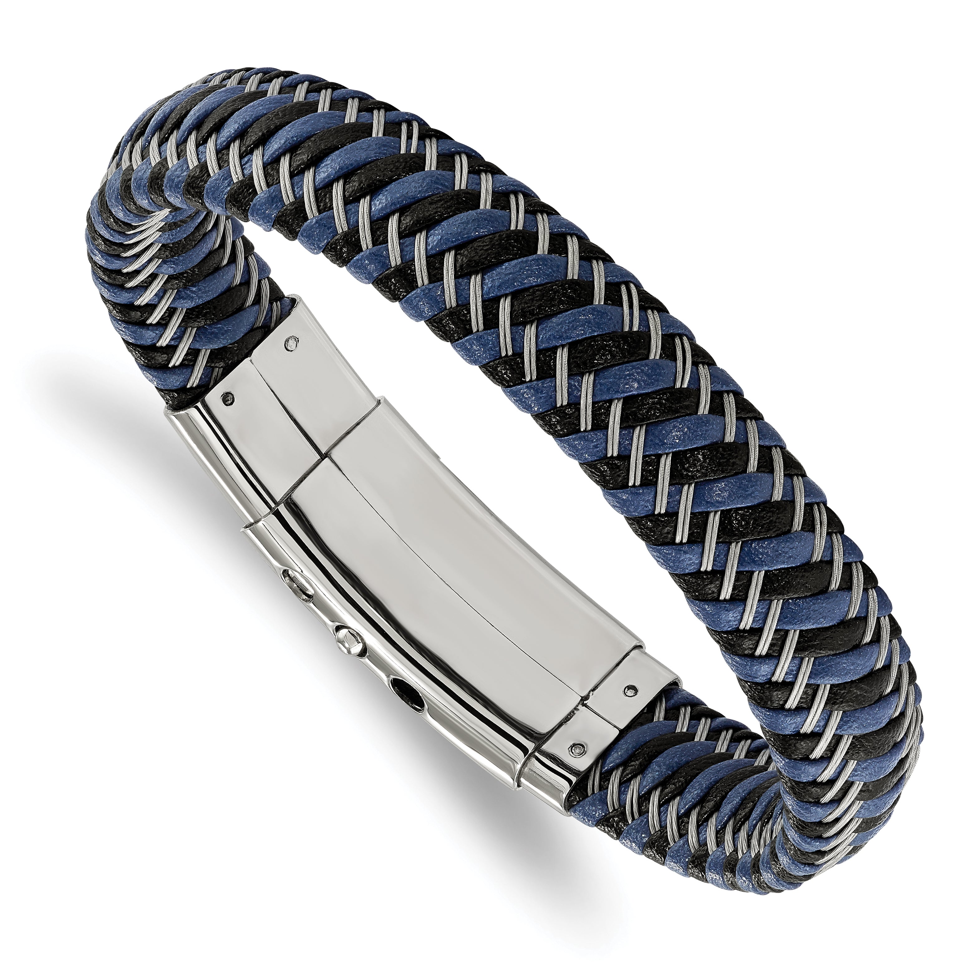 Chisel Stainless Steel Polished Braided Wire and Black and Blue Leather Adjustable 7.75 to 8.25 inch Bracelet