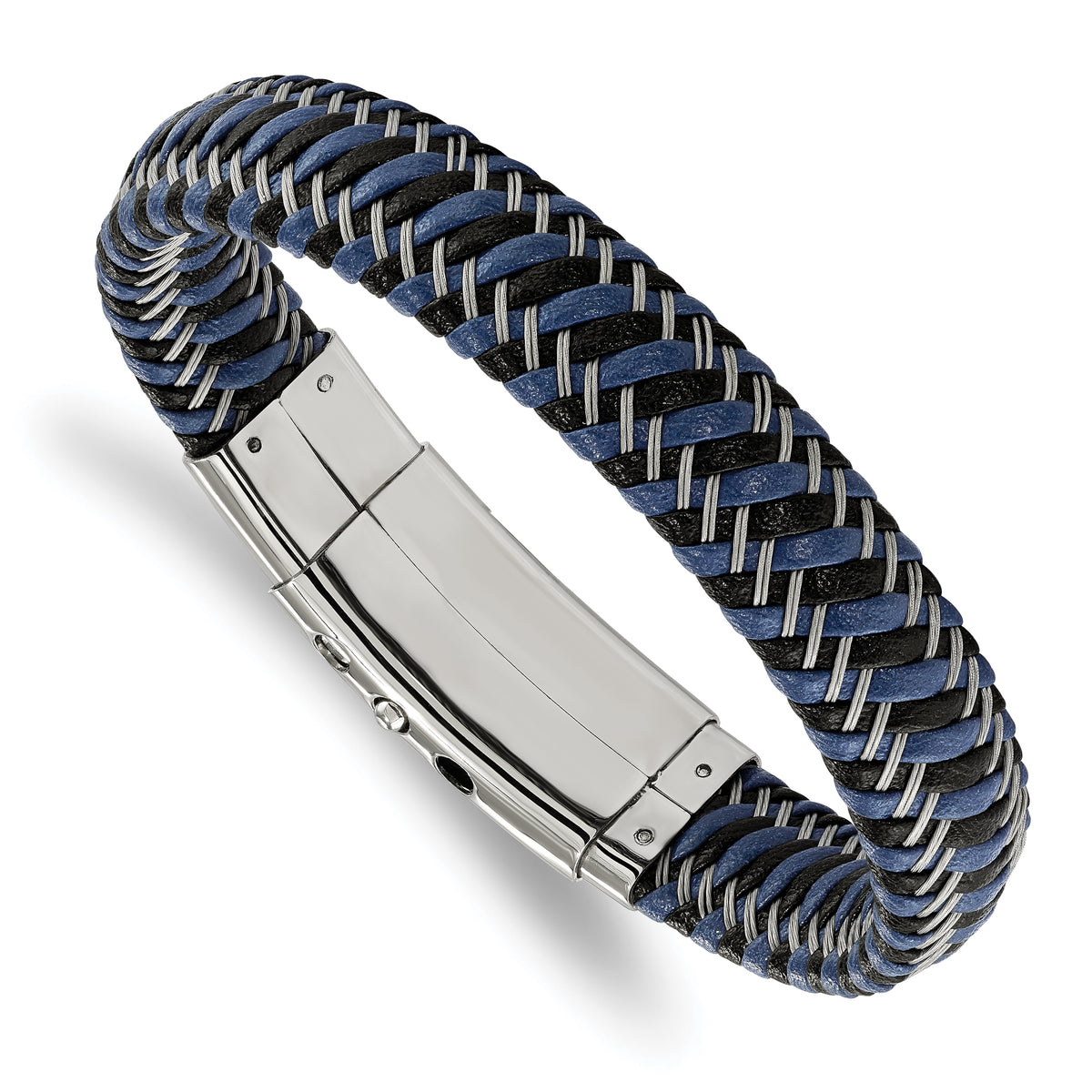 Chisel Stainless Steel Polished Braided Wire and Black and Blue Leather Adjustable 7.75 to 8.25 inch Bracelet