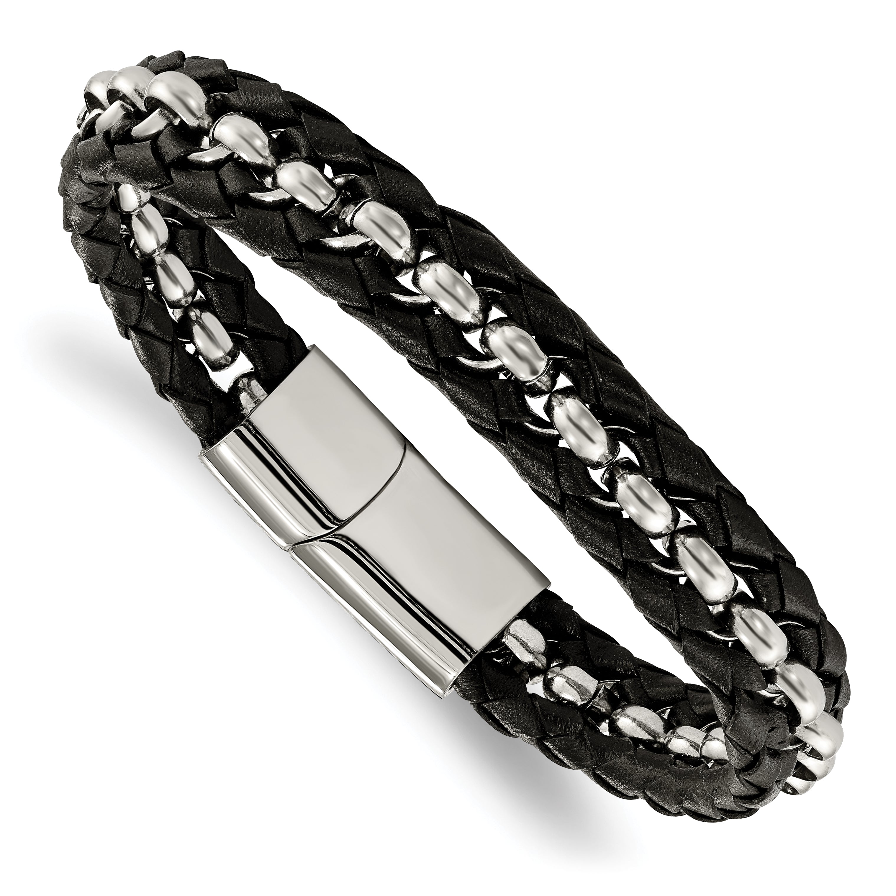 Stainless Steel Polished Black Leather Braided 8.5in Bracelet