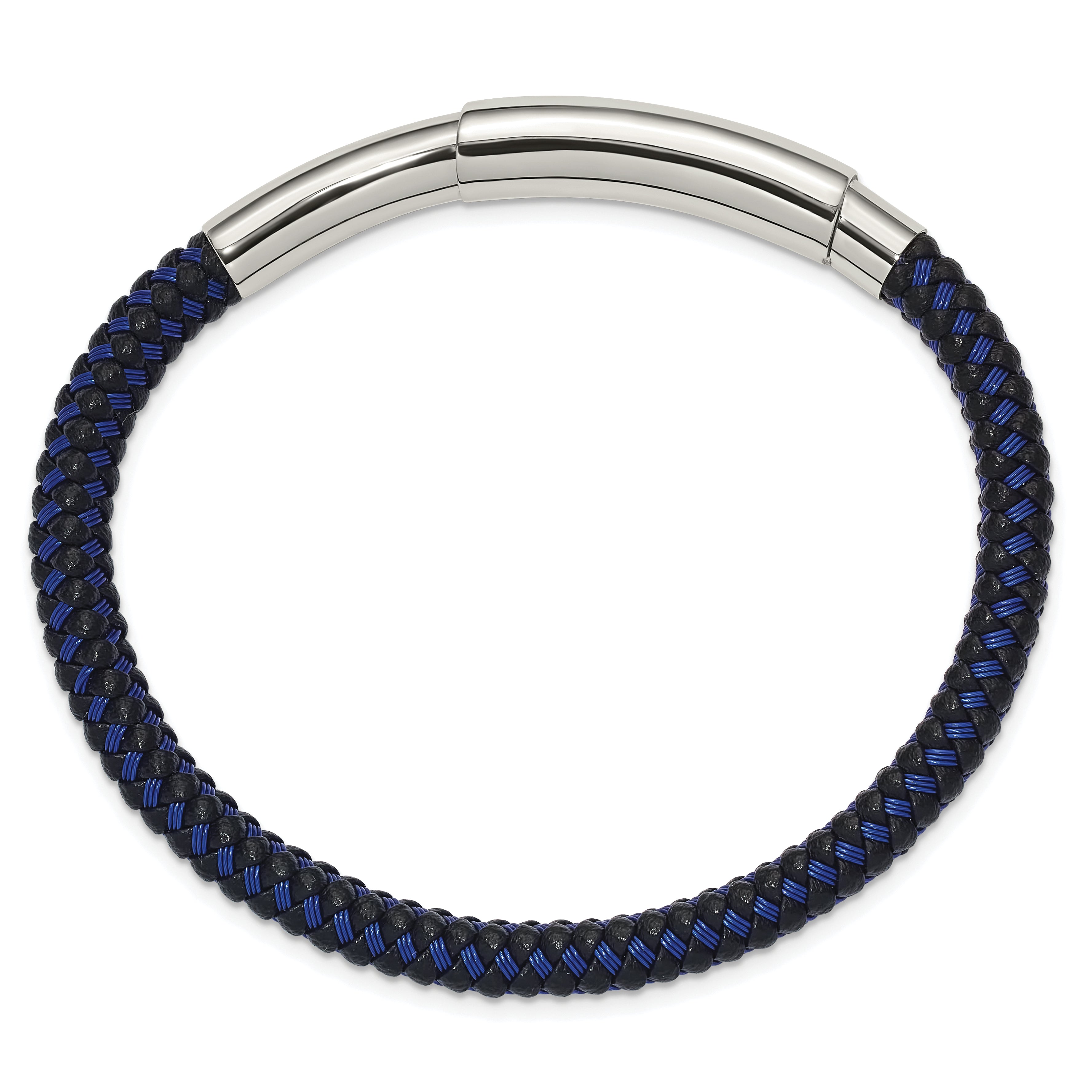 Chisel Stainless Steel Polished Blue Wire and Black Polyurethane Adjustable 7.75 to 8.25 inch Bracelet