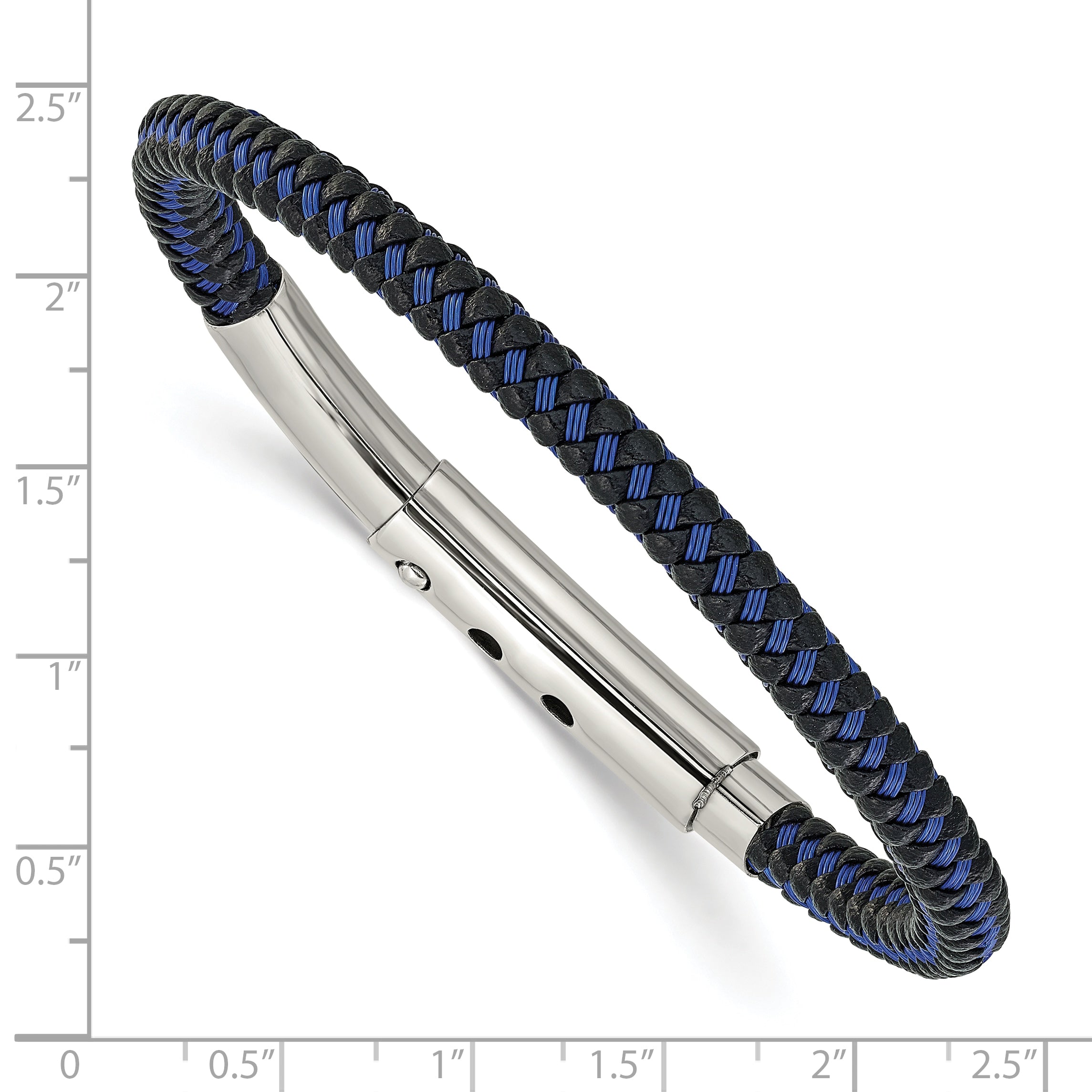 Chisel Stainless Steel Polished Blue Wire and Black Polyurethane Adjustable 7.75 to 8.25 inch Bracelet