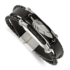 Chisel Stainless Steel Polished Feather Multi Strand Black Leather 8.25 inch Bracelet