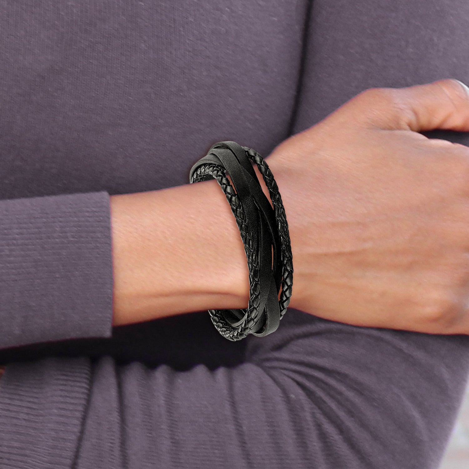 Chisel Stainless Steel Brushed Multi Strand Black Braided Leather 8.25 inch Bracelet