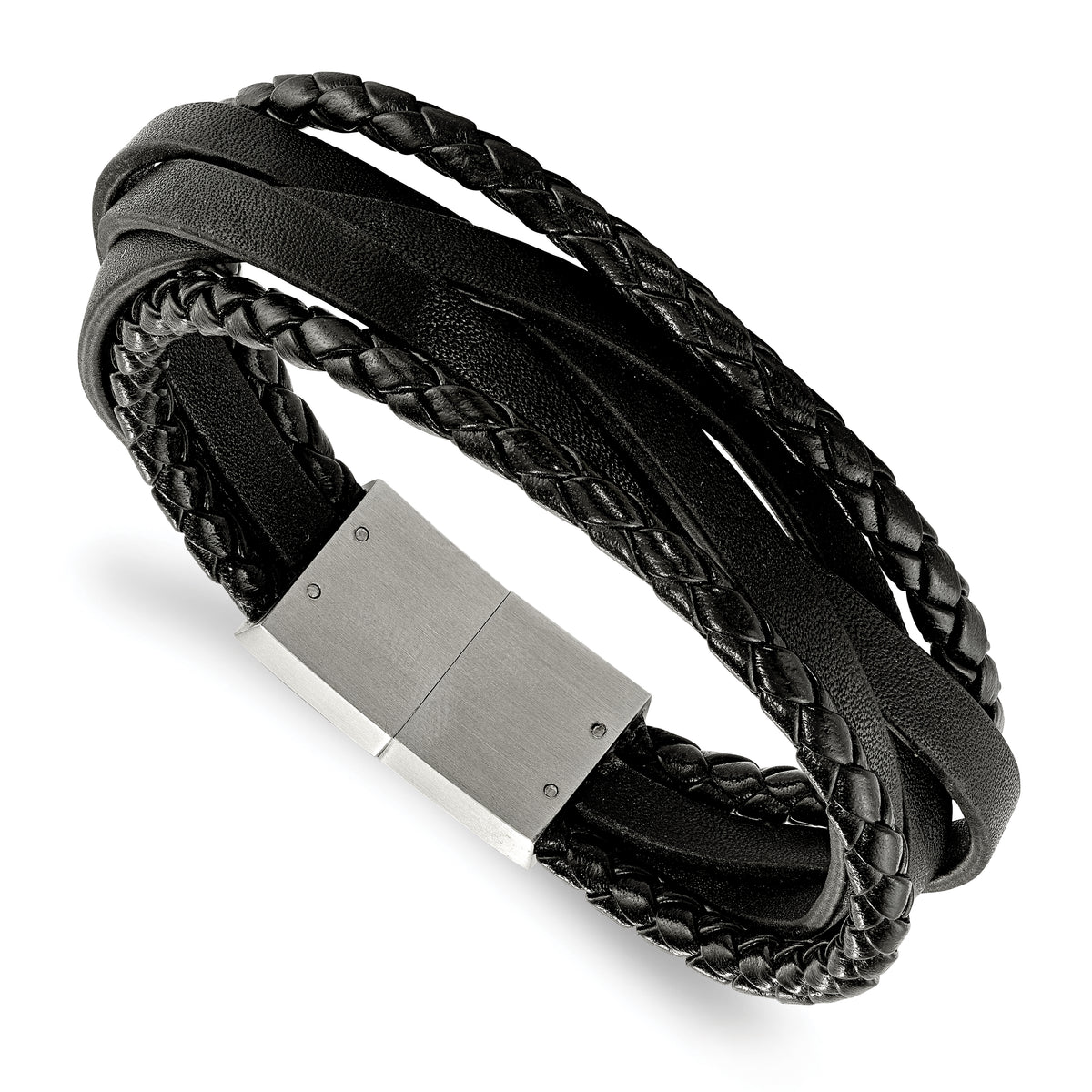 Chisel Stainless Steel Brushed Multi Strand Black Braided Leather 8.25 inch Bracelet