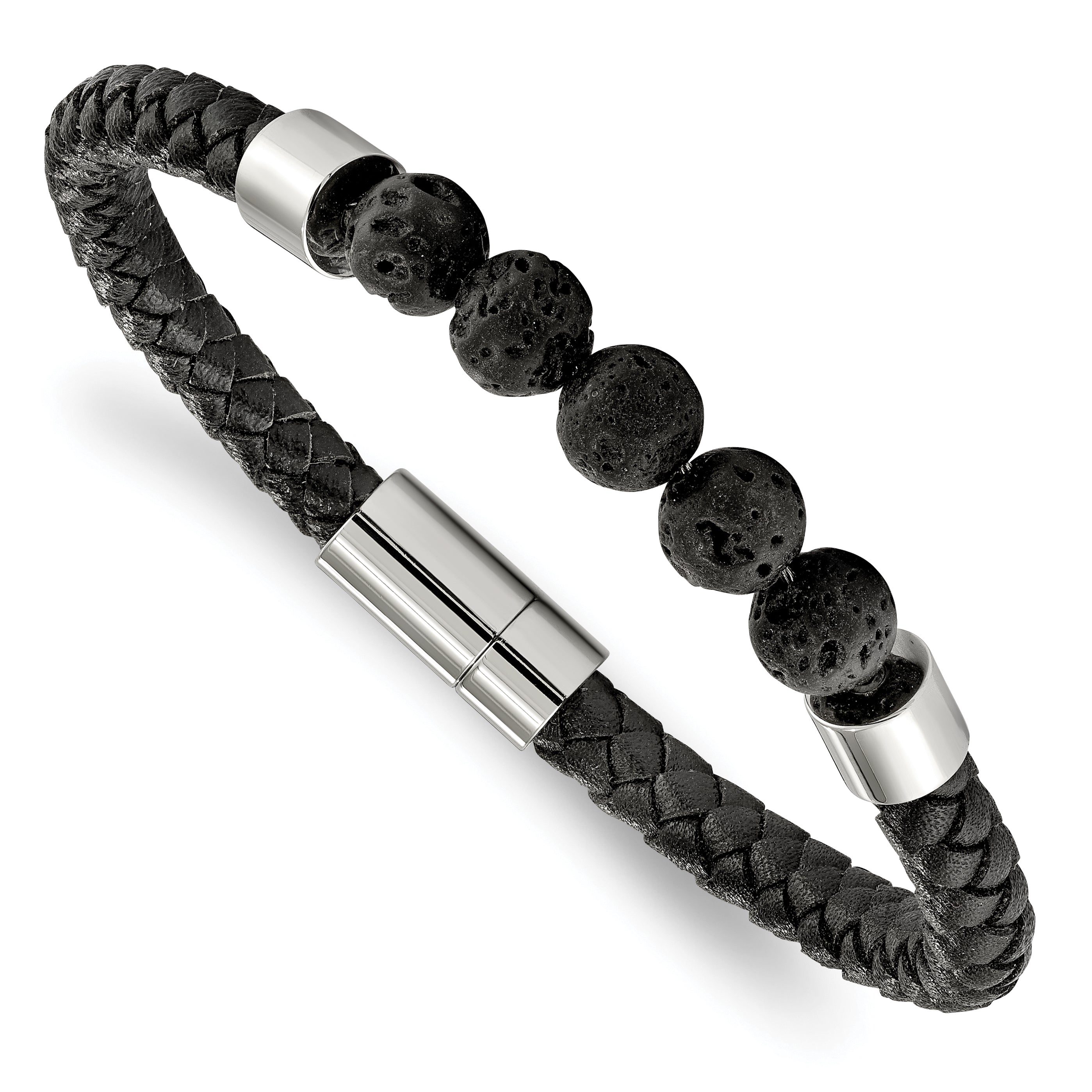 Chisel Stainless Steel Polished with Lava Stone Beads Black Leather 8.75 inch Bracelet